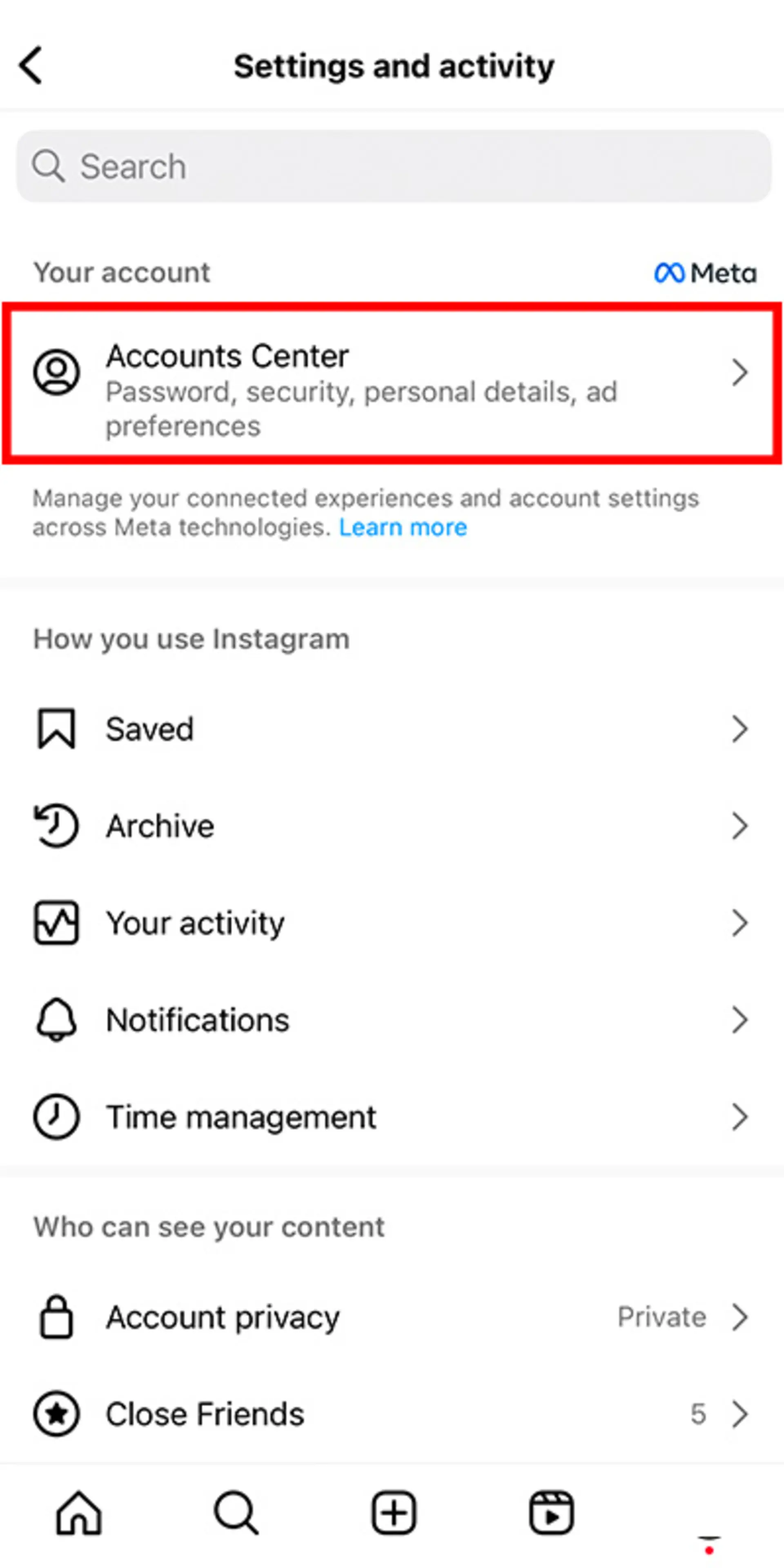 حذف اکانت اینستاگرام - انتخاب Accounts Center