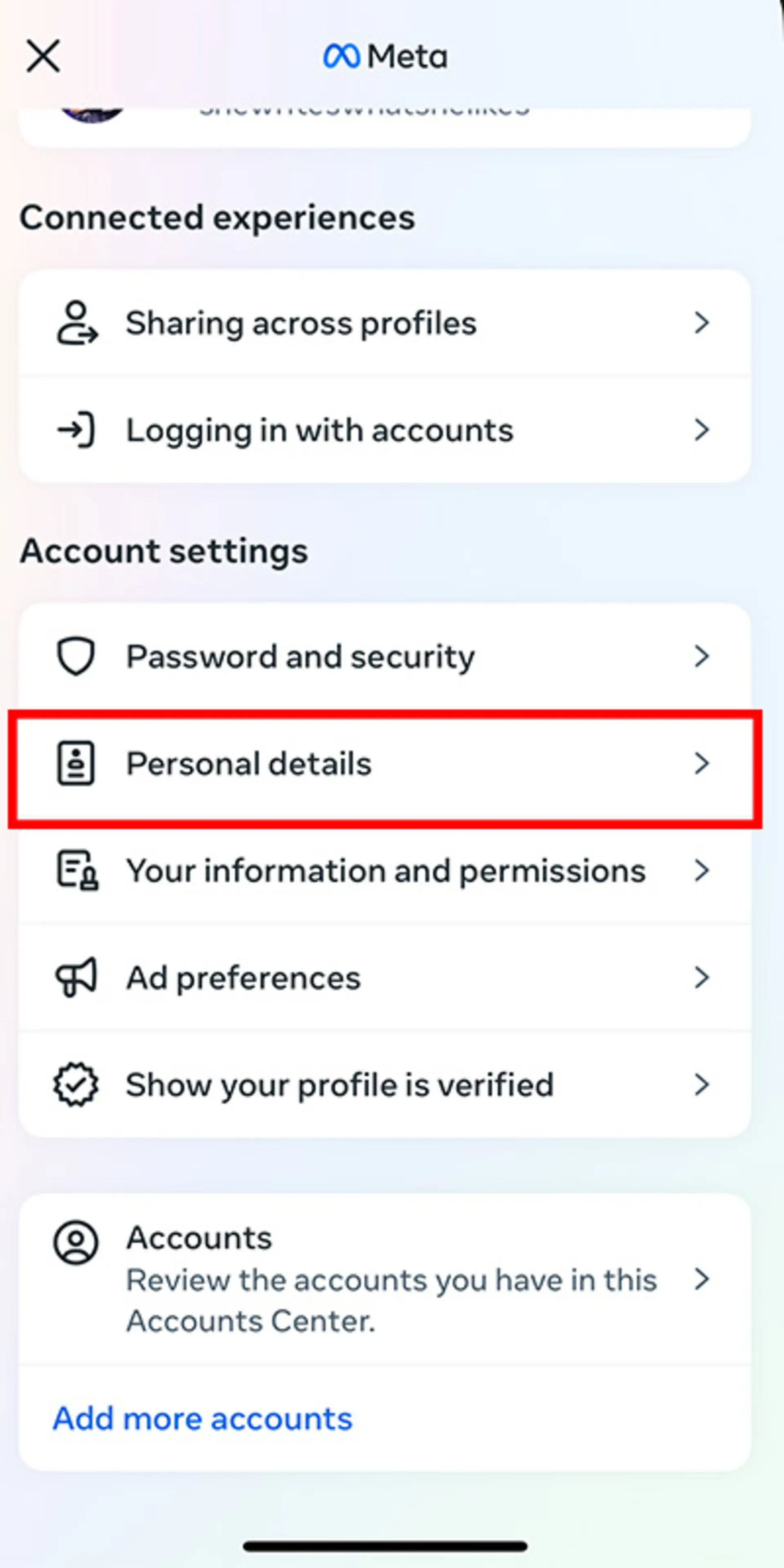حذف اکانت اینستاگرام - انتخاب Personal details