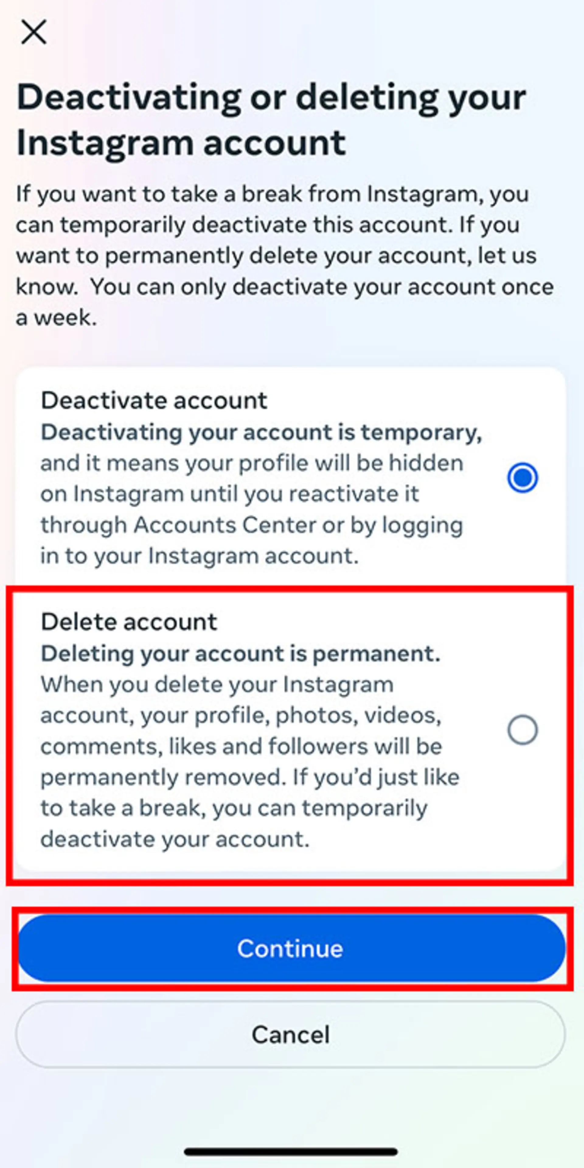حذف اکانت اینستاگرام -  Delete account