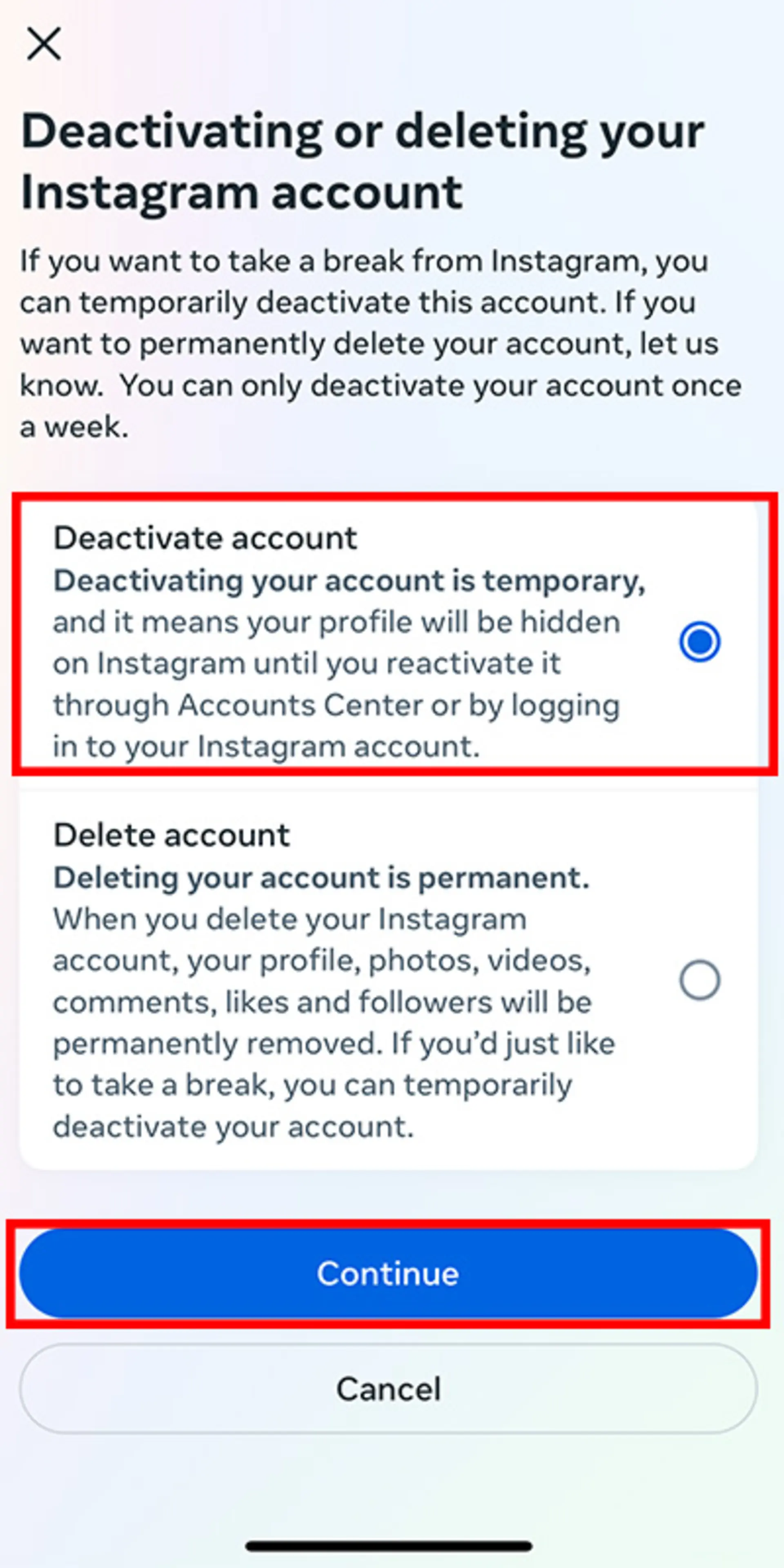 حذف اکانت اینستاگرام - Deactivate account