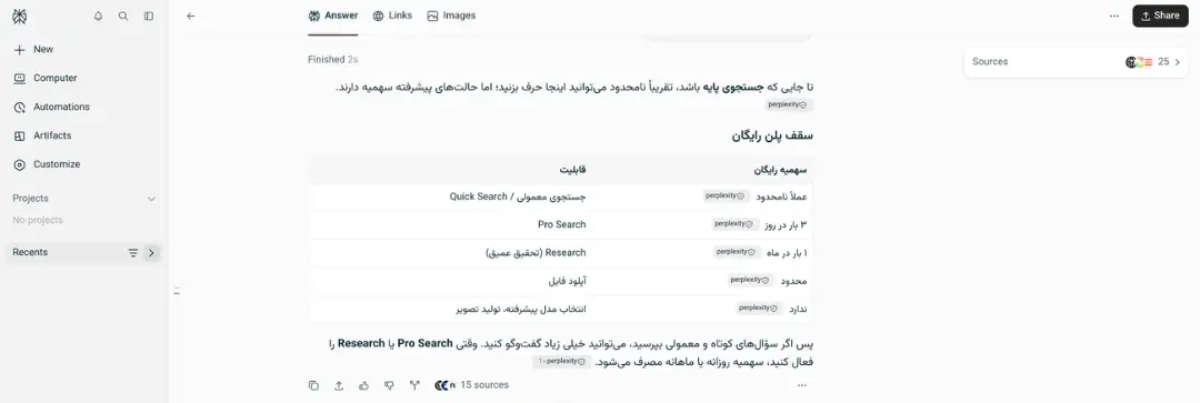 جدول مقایسه قابلیت‌ها و سهمیه‌های (Perplexity) در نسخه رایگان