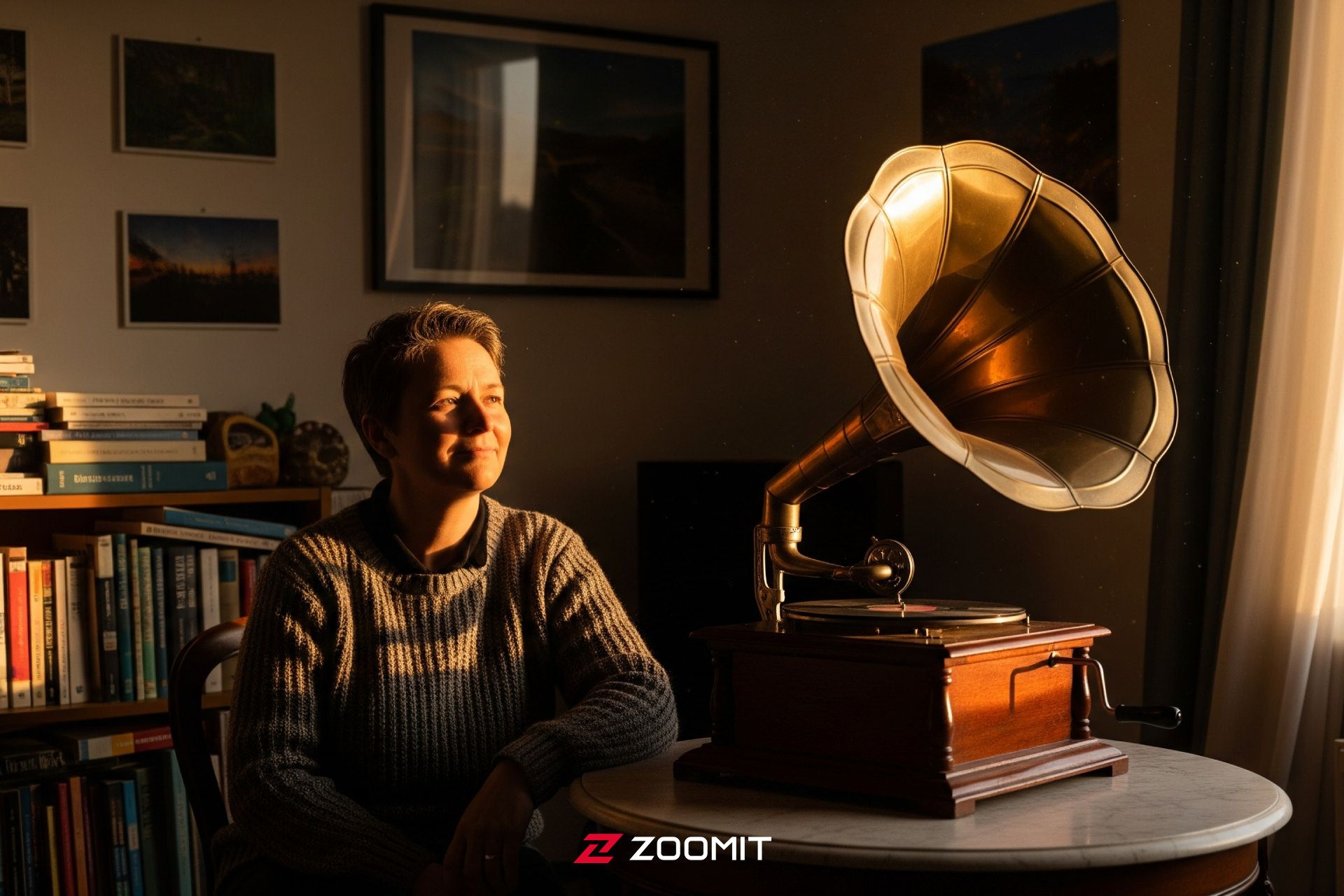 فردی حدودا ۵۰ ساله در اتاقی گرم و دنج نشسته است و با یک گرامافون چوبی قدیمی به موسیقی گوش می‌دهد.