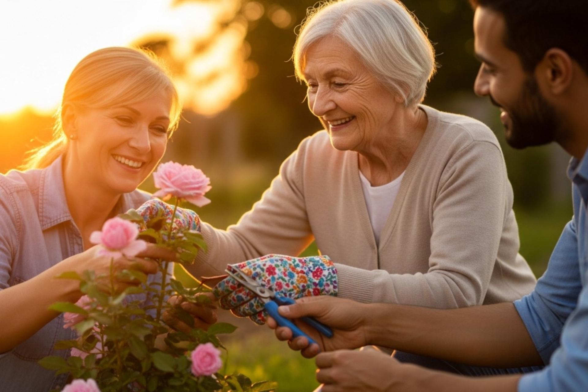 فرد مسنی که در حین کمک به همسایه در باغبانی به گرمی لبخند می‌زند.