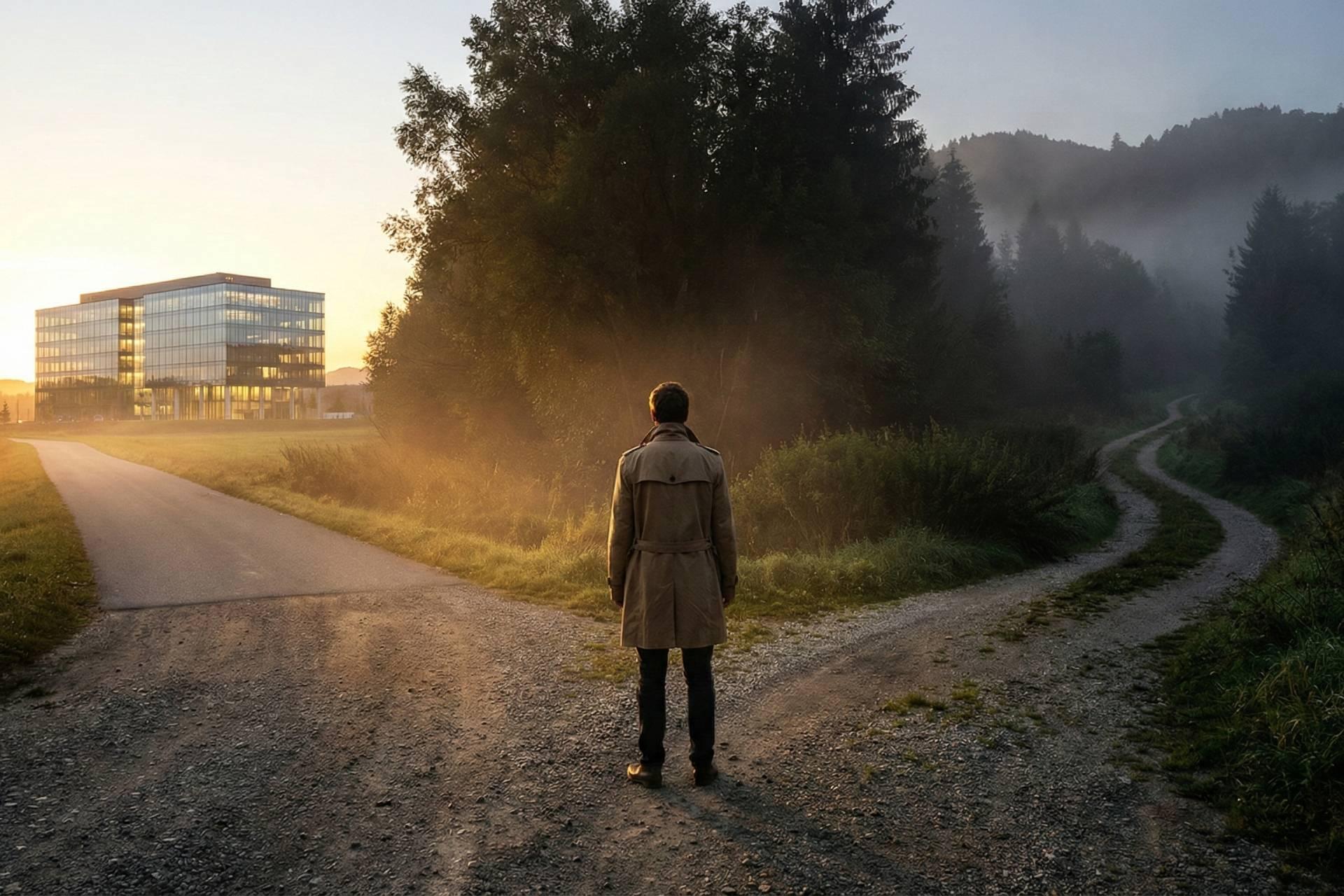 شخصی که در یک چهارراه با دو مسیر ایستاده است، یکی به یک ساختمان اداری و دیگری به مقصدی ناشناخته منتهی می‌شود.