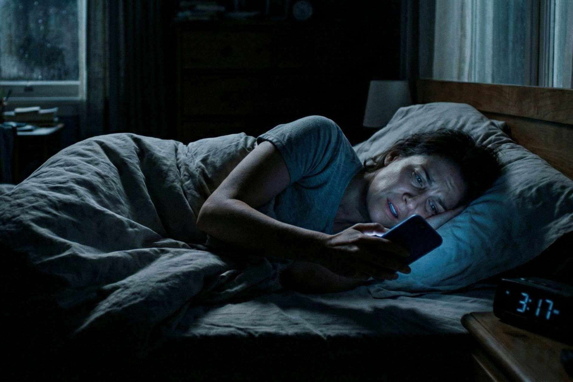 فردی که شب هنگام در رختخواب غلت می‌زند و صورتش تنها با درخشش یک تلفن هوشمند روشن شده است.