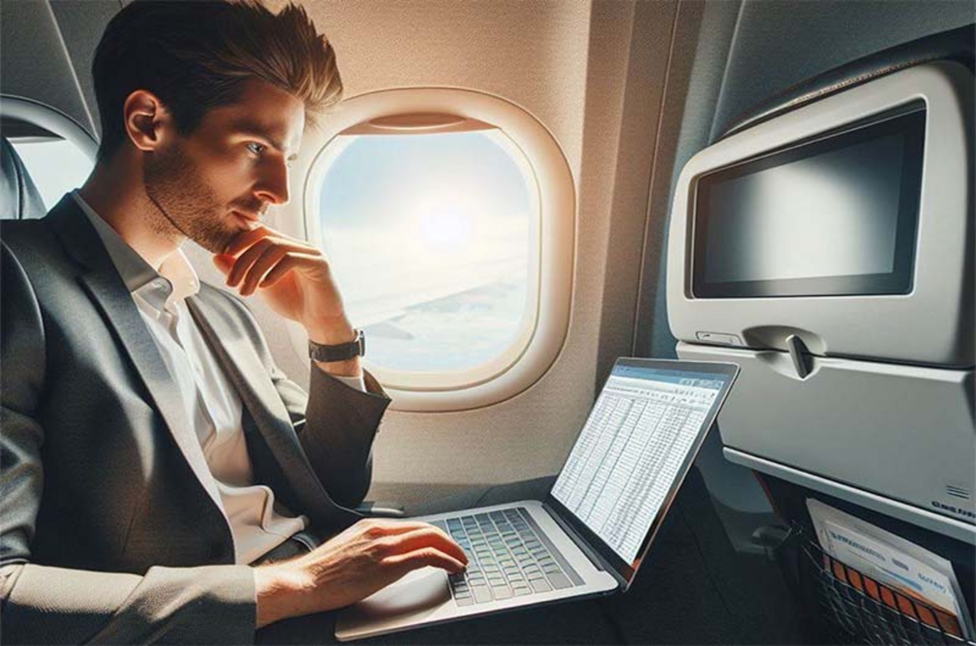 شخصی در حال استفاده از لپتاپ داخل هواپیما است. 