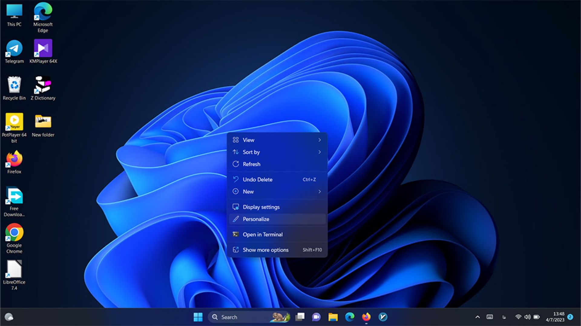 گزینه‌ی Personalize در منوی راست کلیک