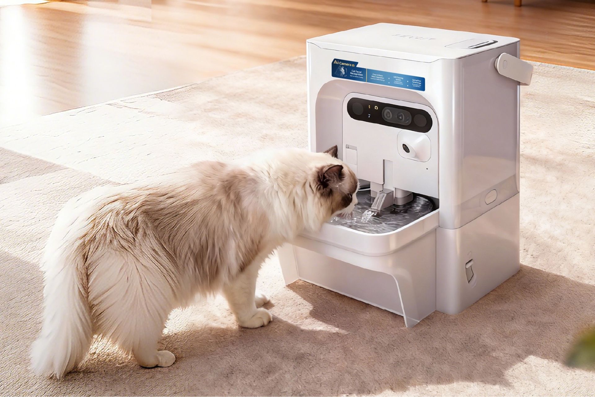 یک گربه در حال خوردن آب از آب‌خوری