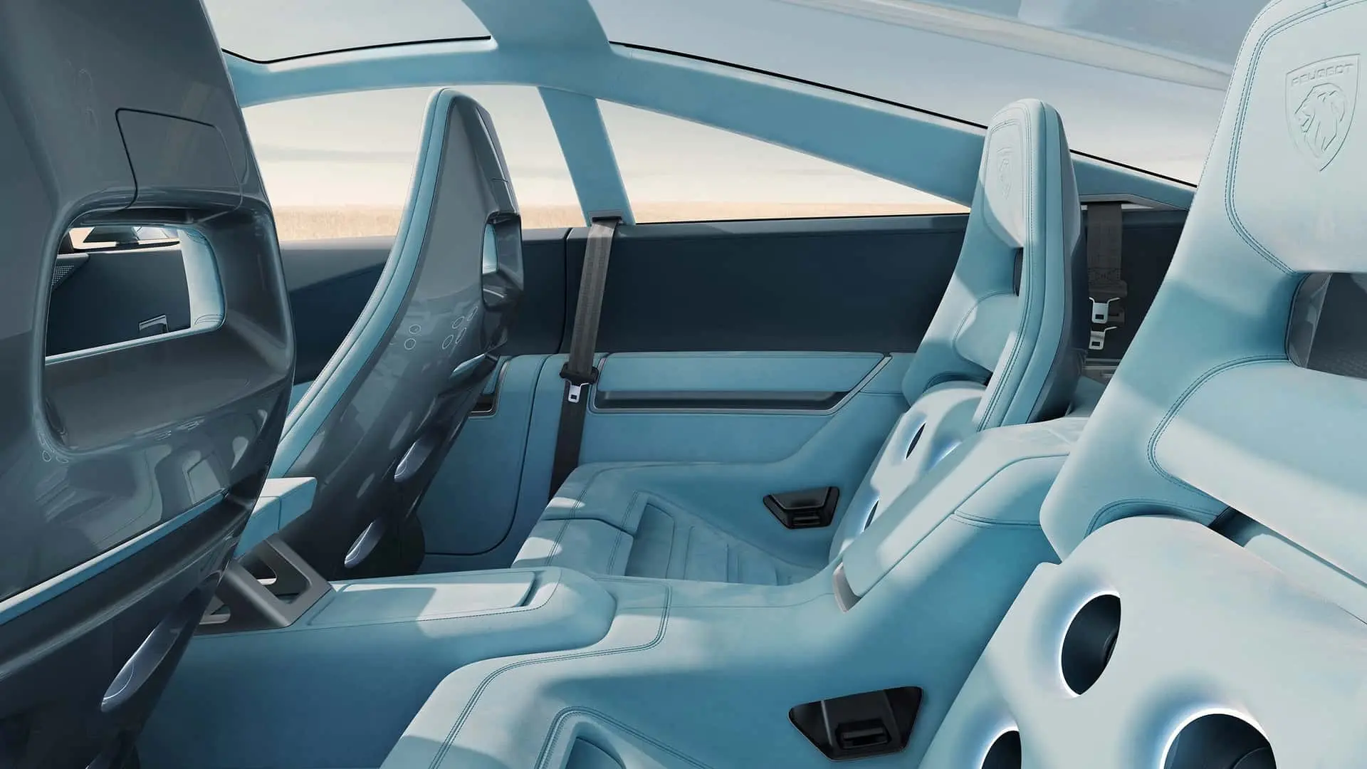 صندلی‌های چرمی آبی‌رنگ کابین خودروی پژو (Peugeot) RCZ