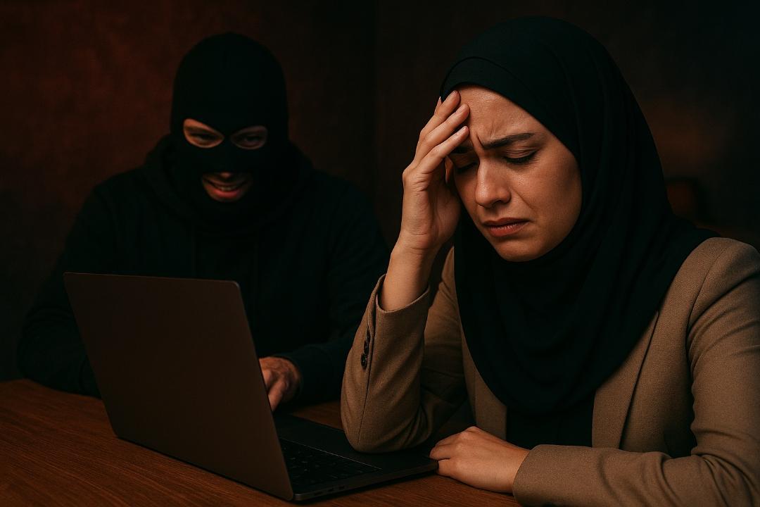 زنی نگران سرش را در دست گرفته و کلاهبرداری در پشت سر آن است