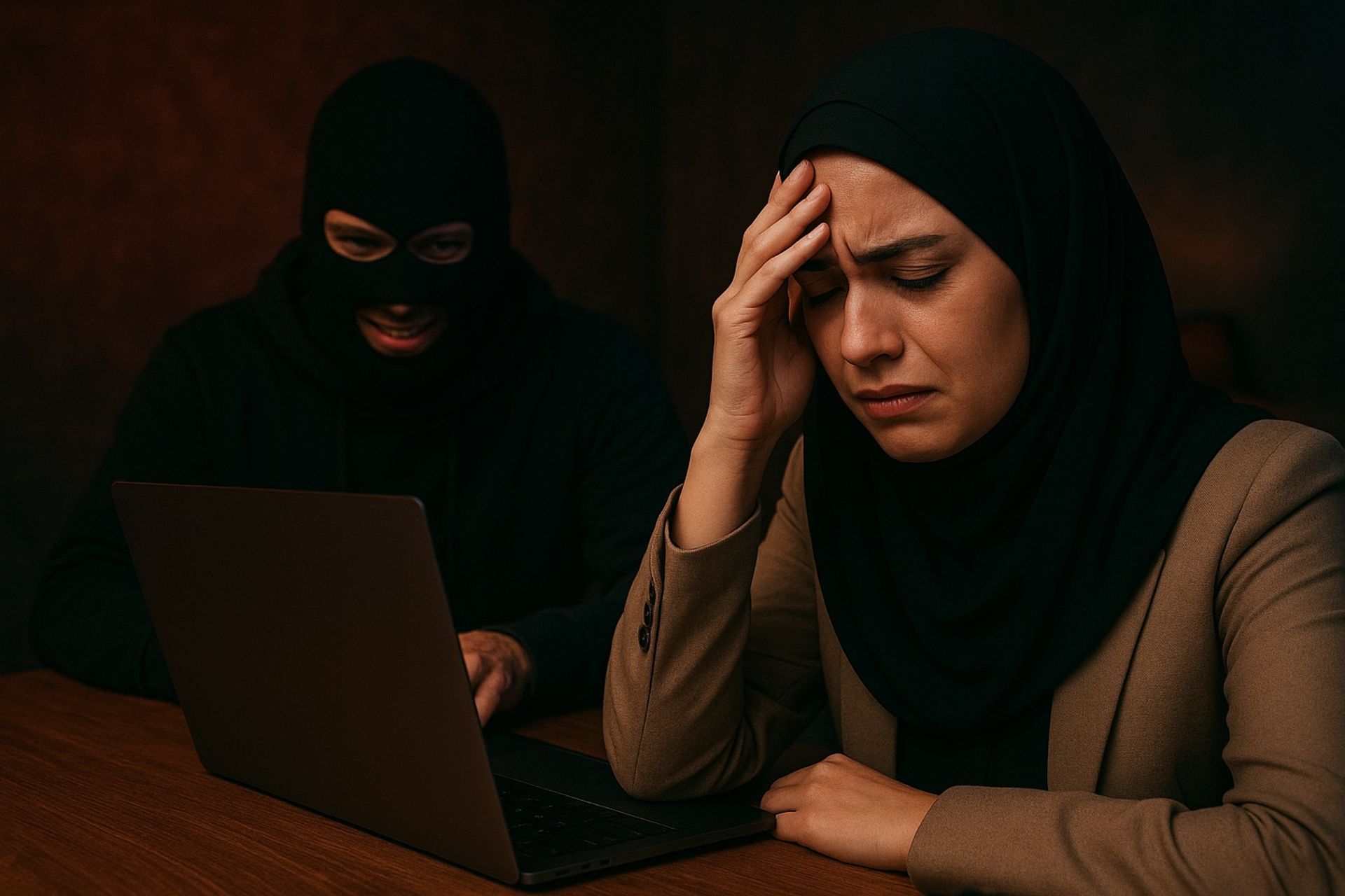 زنی نگران سرش را در دست گرفته و کلاهبرداری در پشت سر آن است
