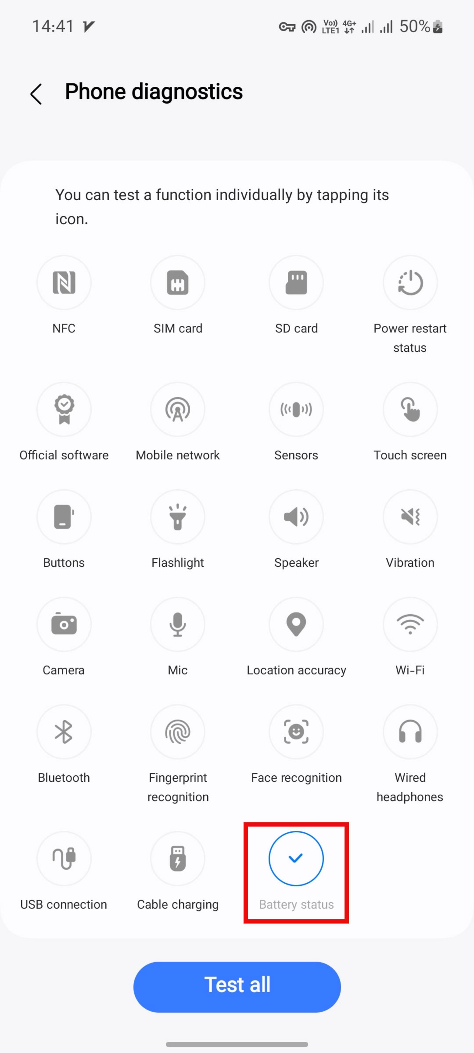 صفحه‌ی Phone diagnostics