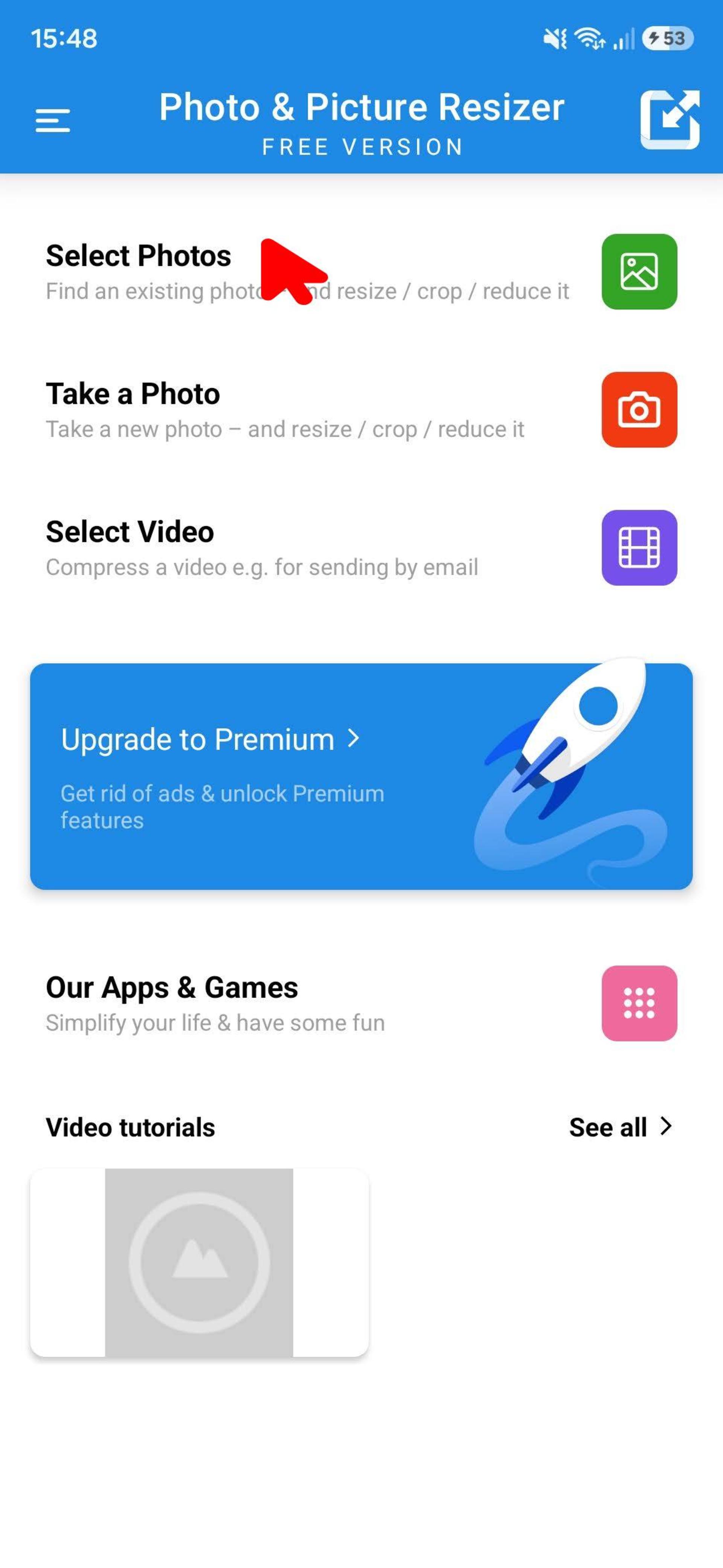 صفحه اصلی انتخاب عکس در برنامه photo & image resizer