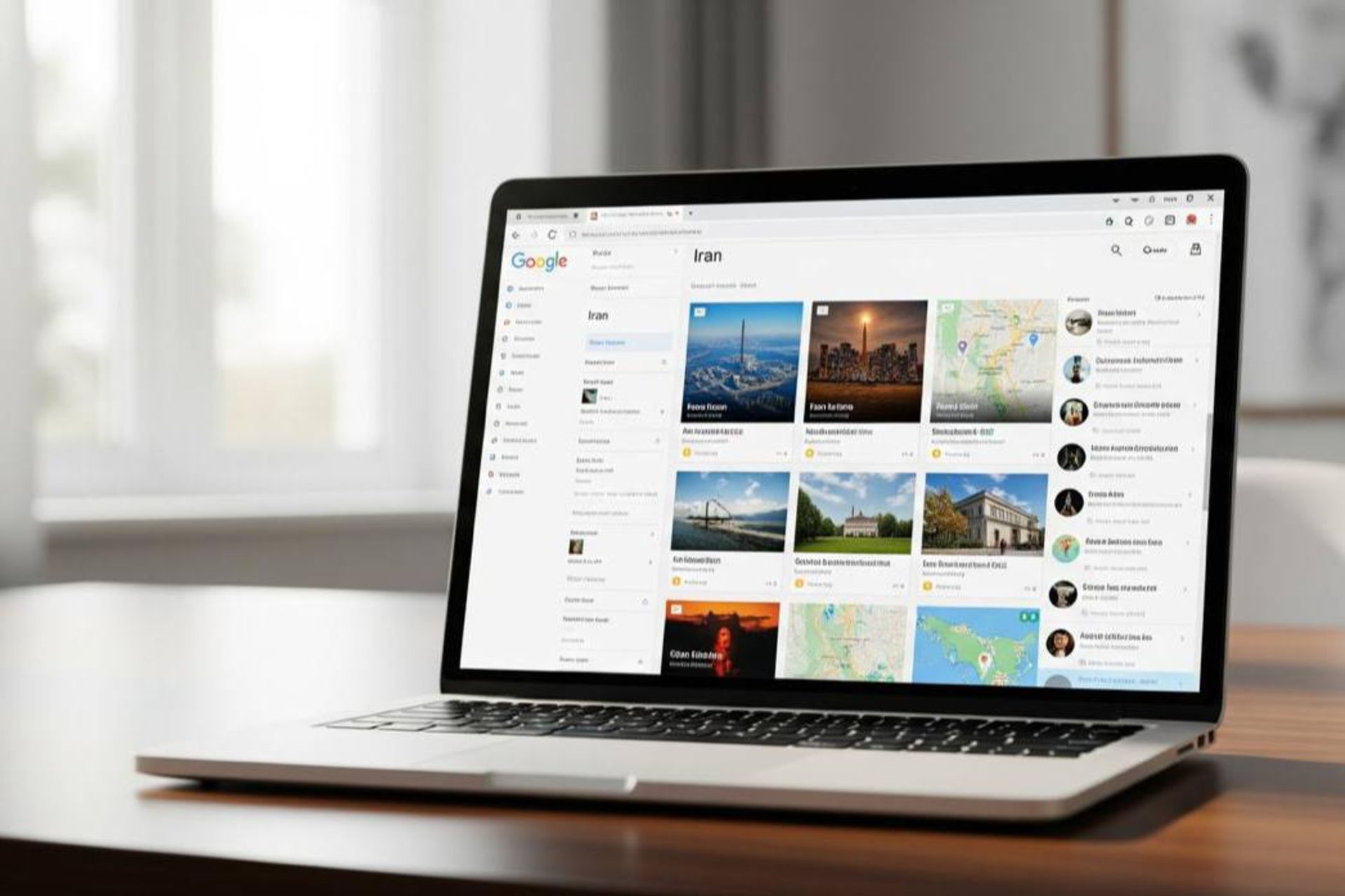 یک لپ‌تاپ که روی صفحه اول آن موتور جست‌وجوی گوگل هست و ایران سرچ شده