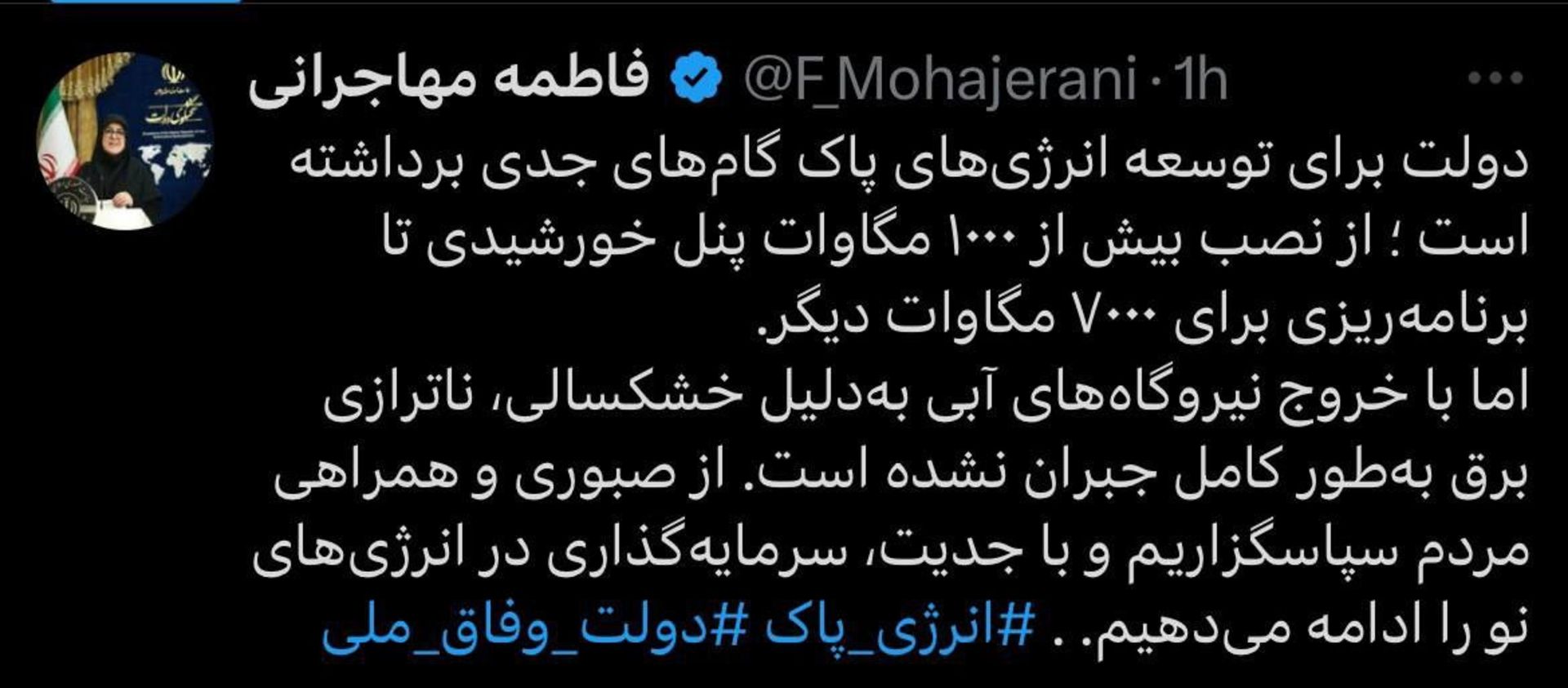 توییت فاطمه مهاجرانی، سخنگوی دولت