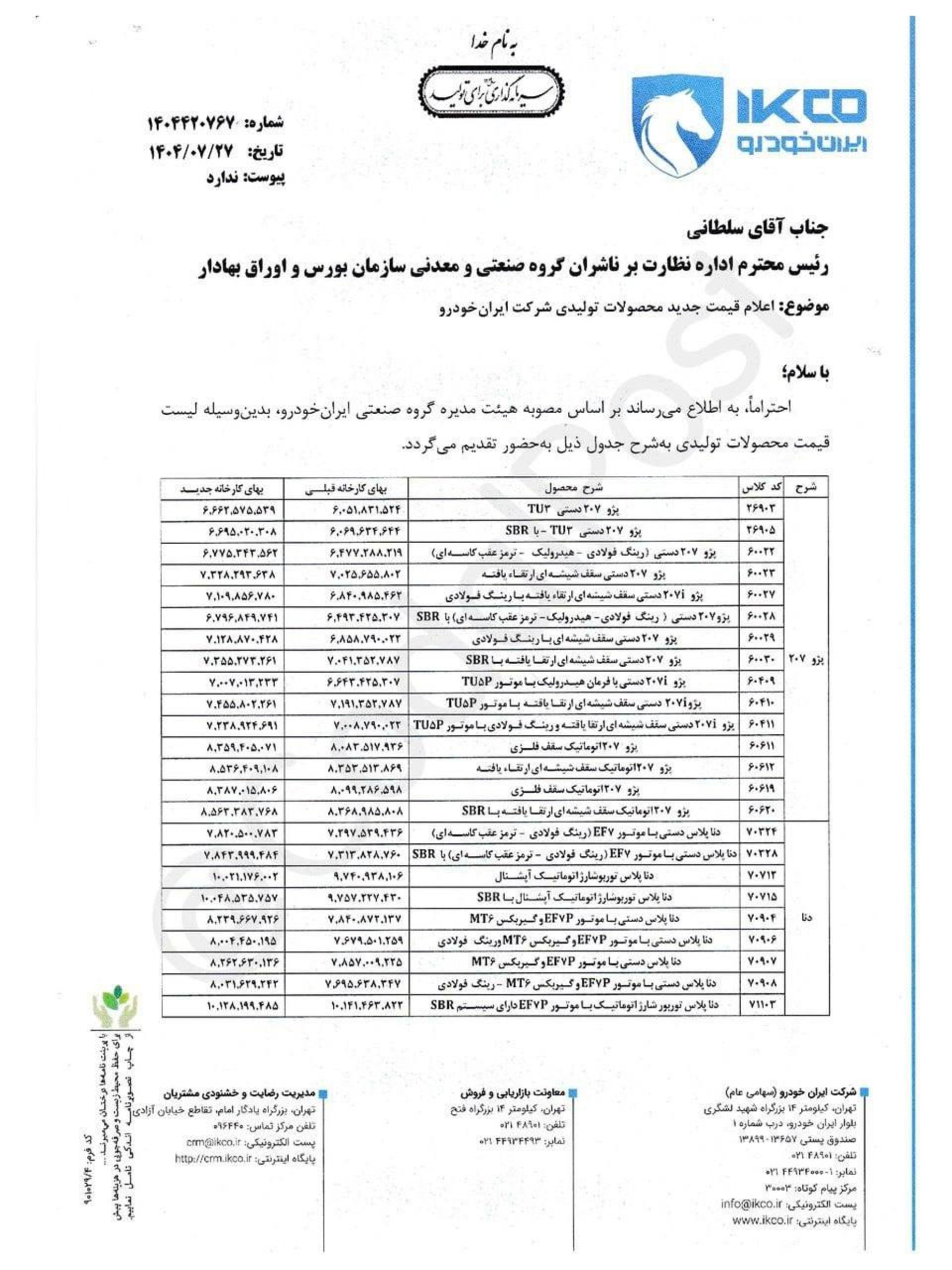 قیمت جدید محصولات ایران‌خودرو
