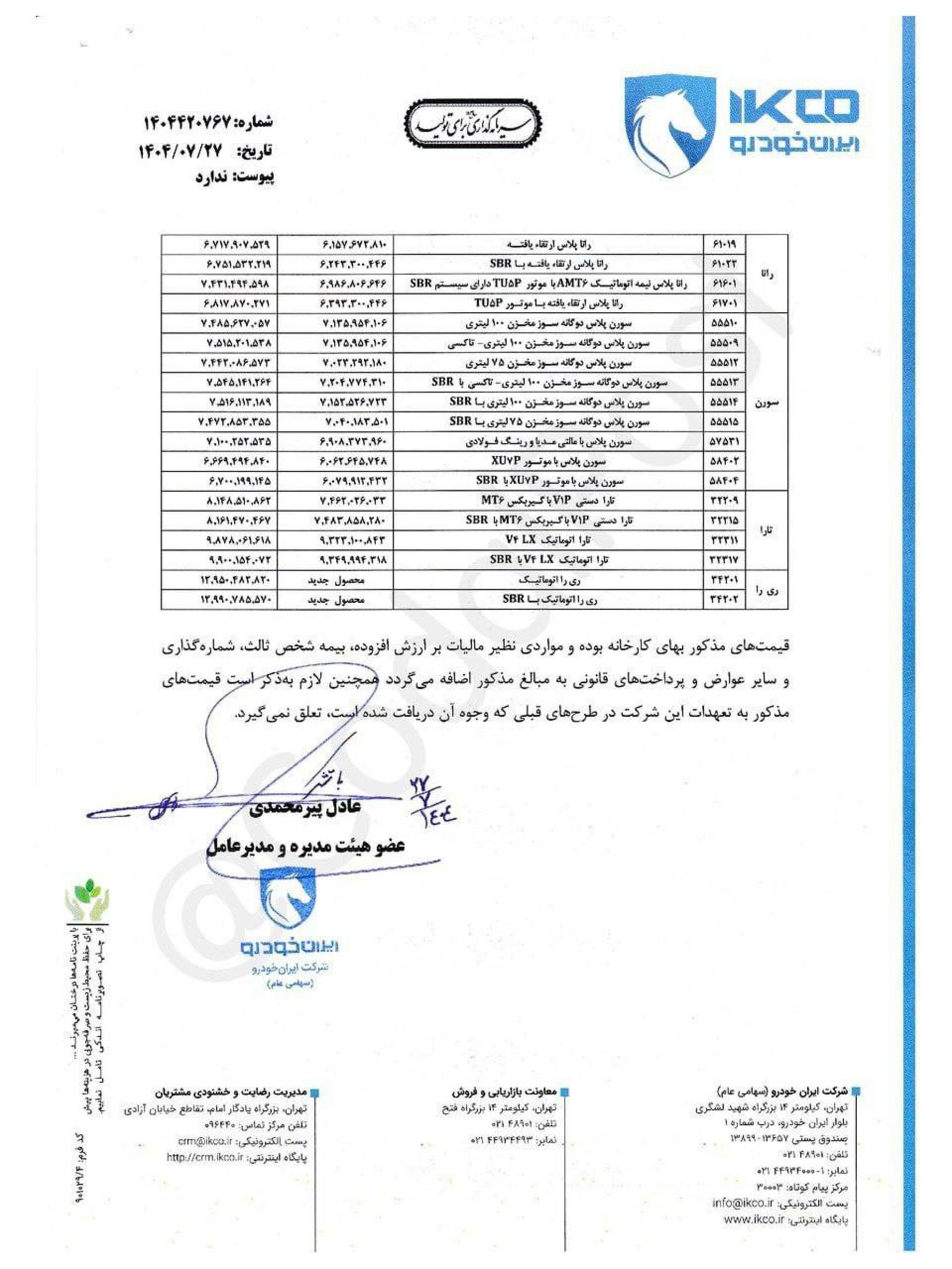 قیمت جدید محصولات ایران‌خودرو