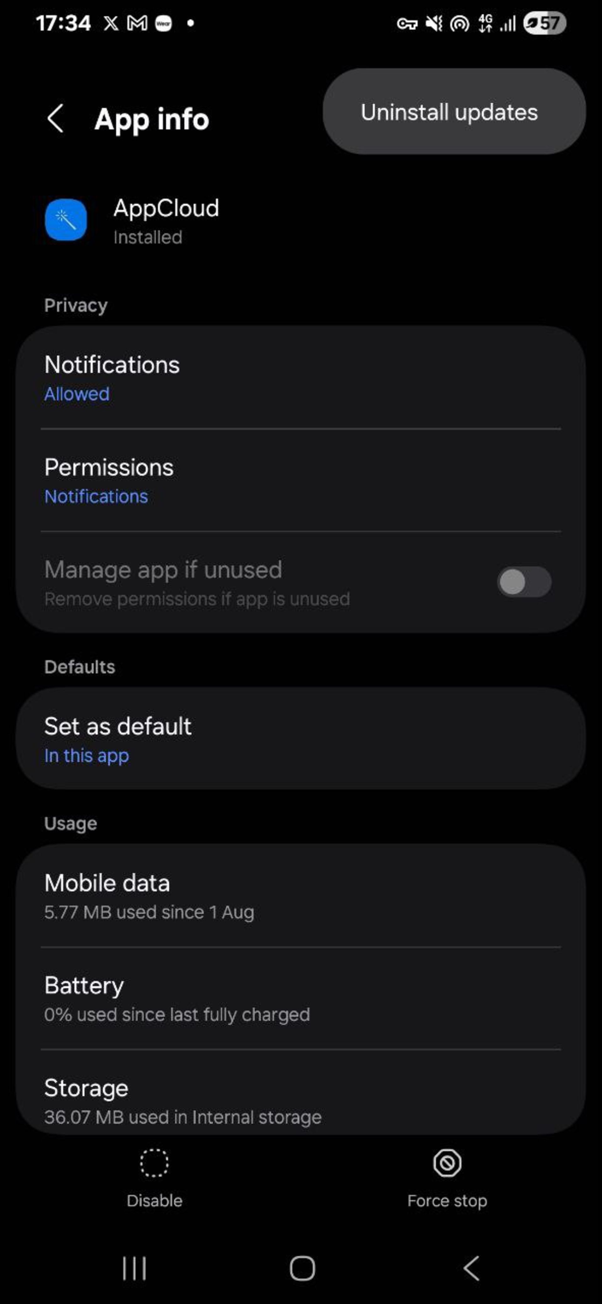 اسکرین‌شاتی از صفحه‌ی AppCloud در تنظیمات گوشی گلکسی A24