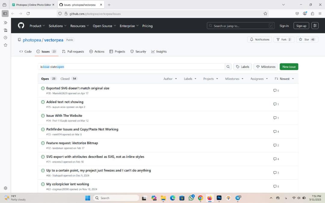 ارائه‌ مشکلات photopea‌ در GitHub