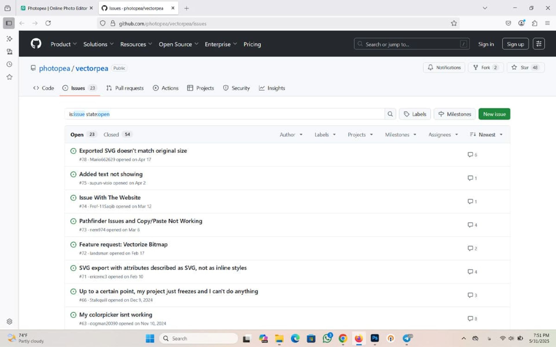ارائه‌ مشکلات photopea‌ در GitHub