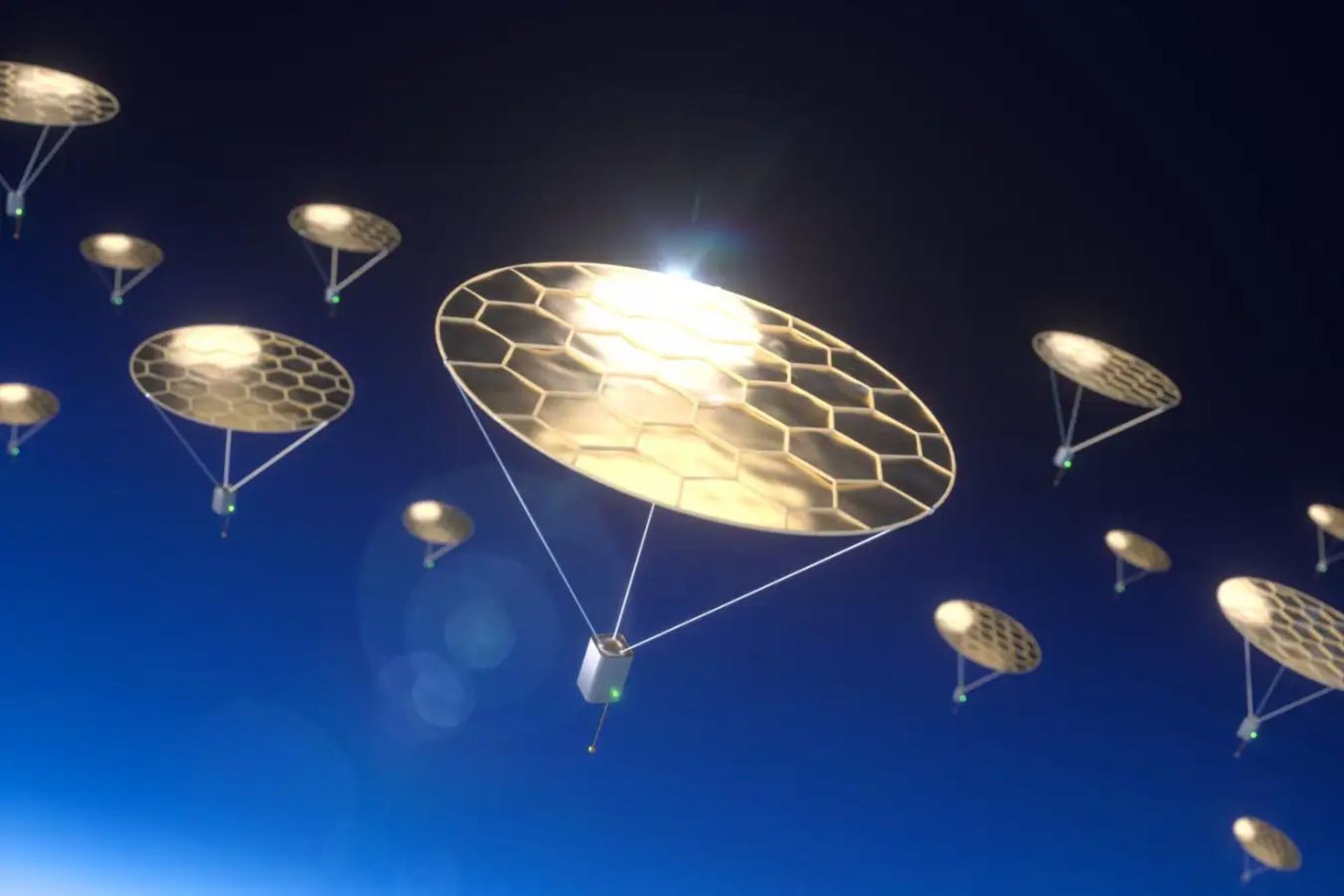 تصویرسازی از ناوگانی از دیسک‌های طلایی که در آسمان شناور هستند