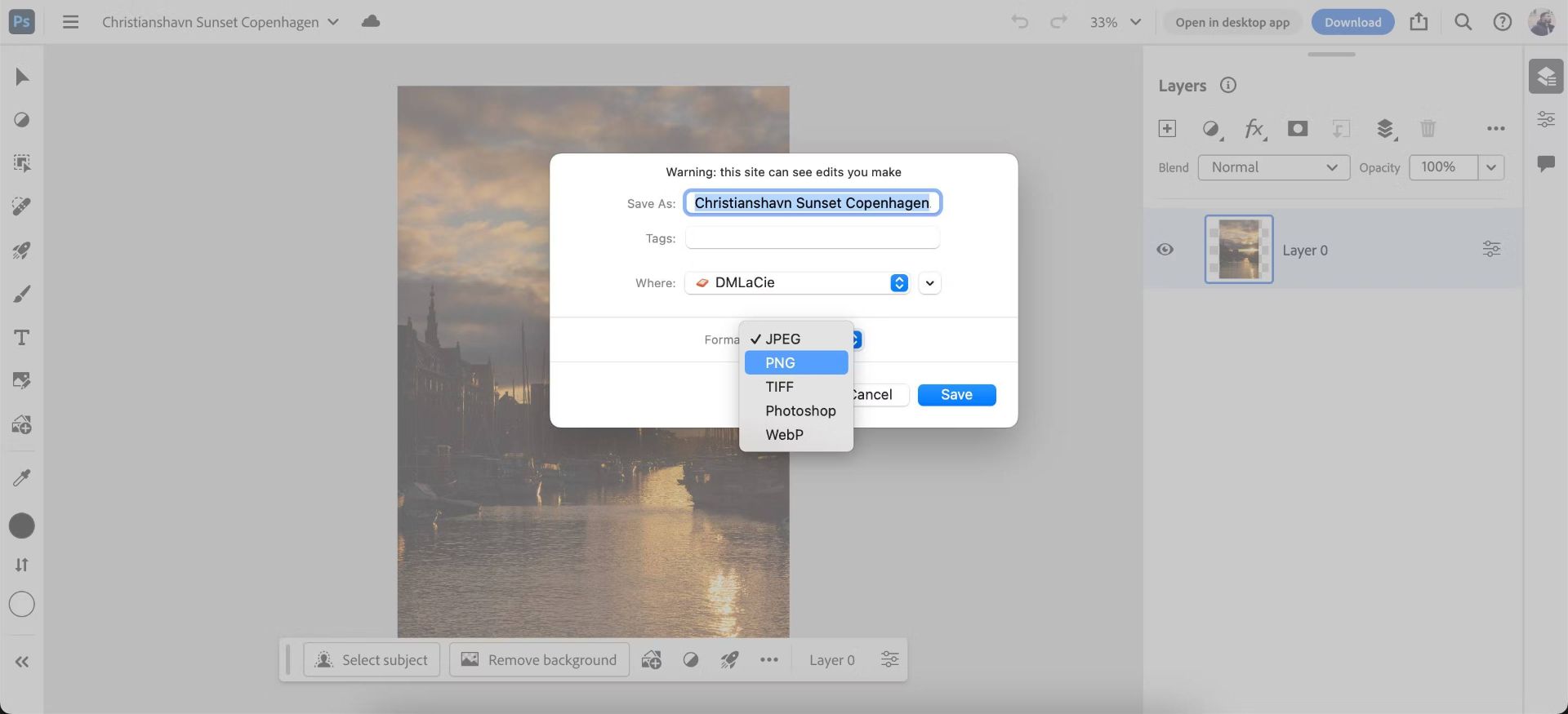 انتخاب فرمت عکس برای ذخیره ازطریق Creative Cloud