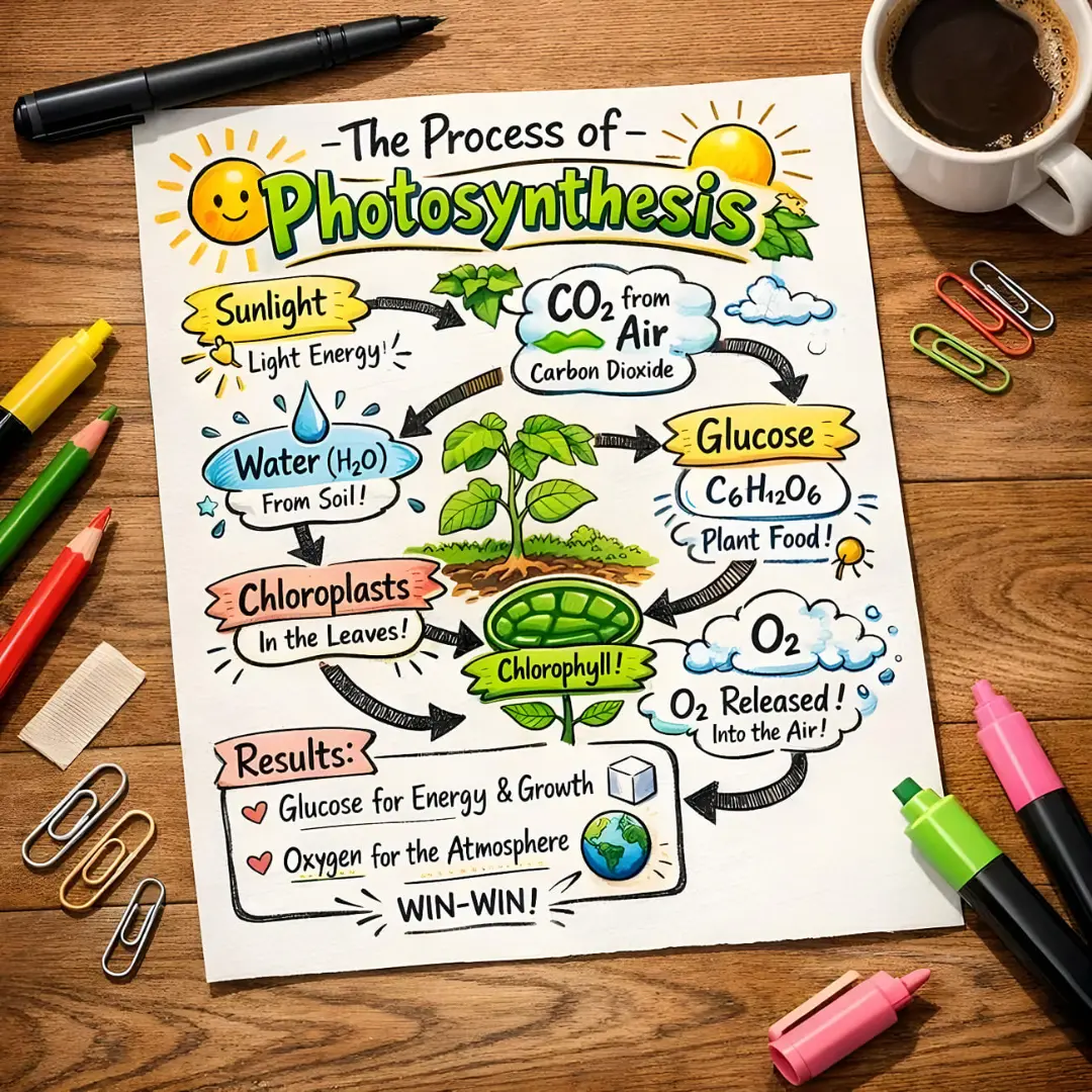 نمودار دست‌نویس فرآیند فتوسنتز (Photosynthesis) شامل مراحل جذب نور، آب و دی‌اکسید کربن