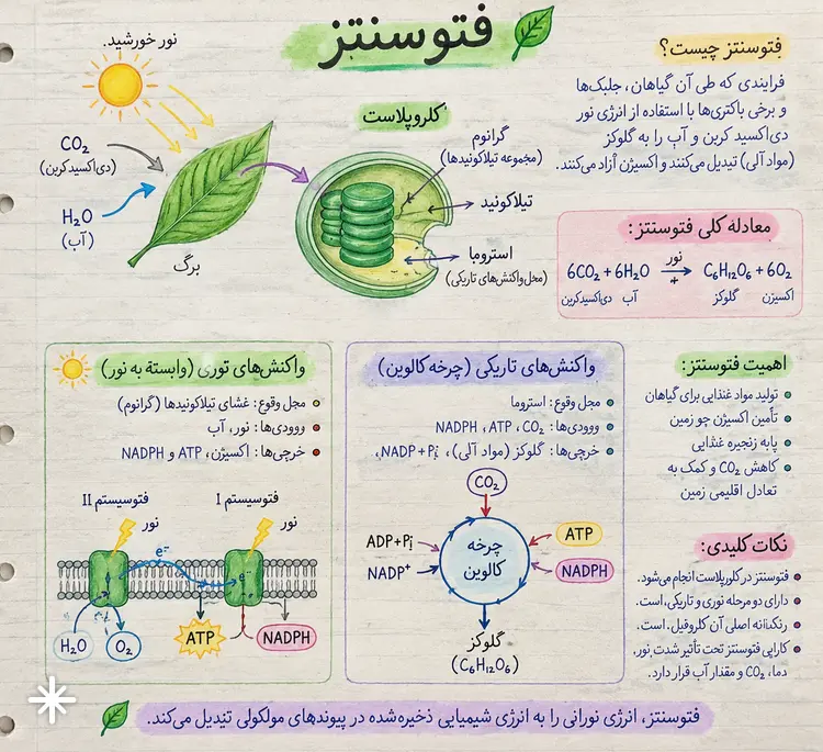 نمودار علمی فرآیند فتوسنتز شامل واکنش‌های نوری و چرخه کالوین در کلروپلاست