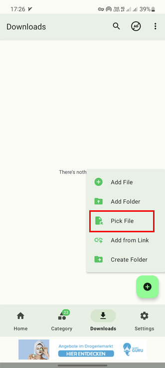 گزینه‌ی Pick File در بخش دانلودها