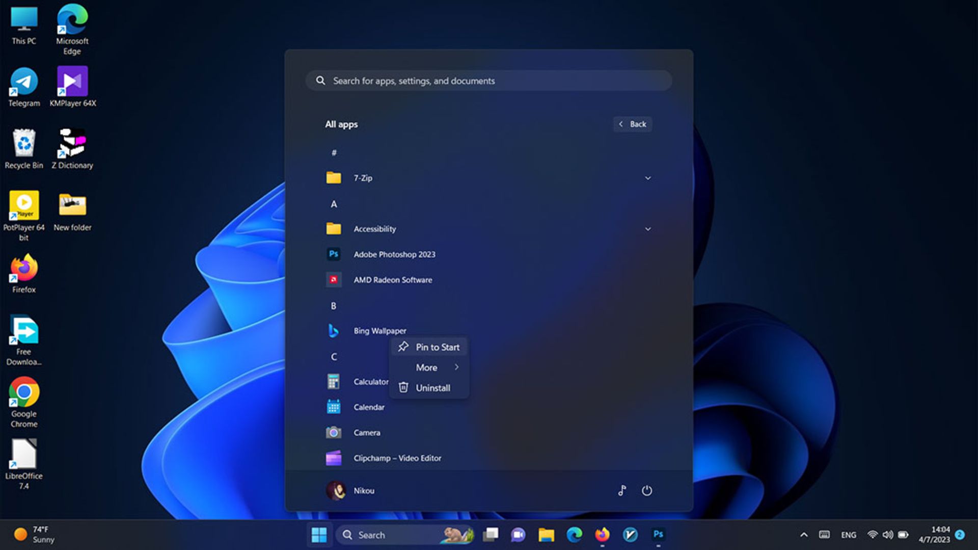 پین کردن برنامه در منوی استارت