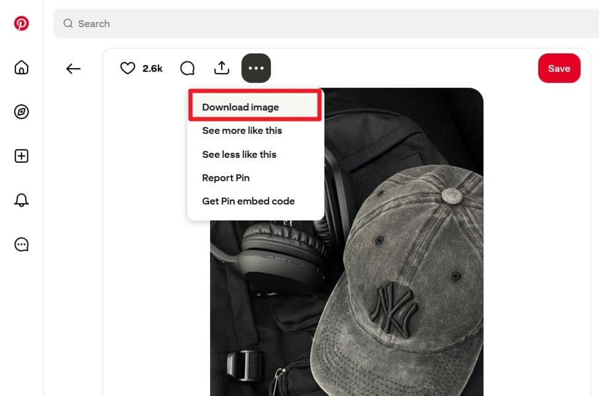 گزینه‌ی دانلود تصویر در پینترست دسکتاپ