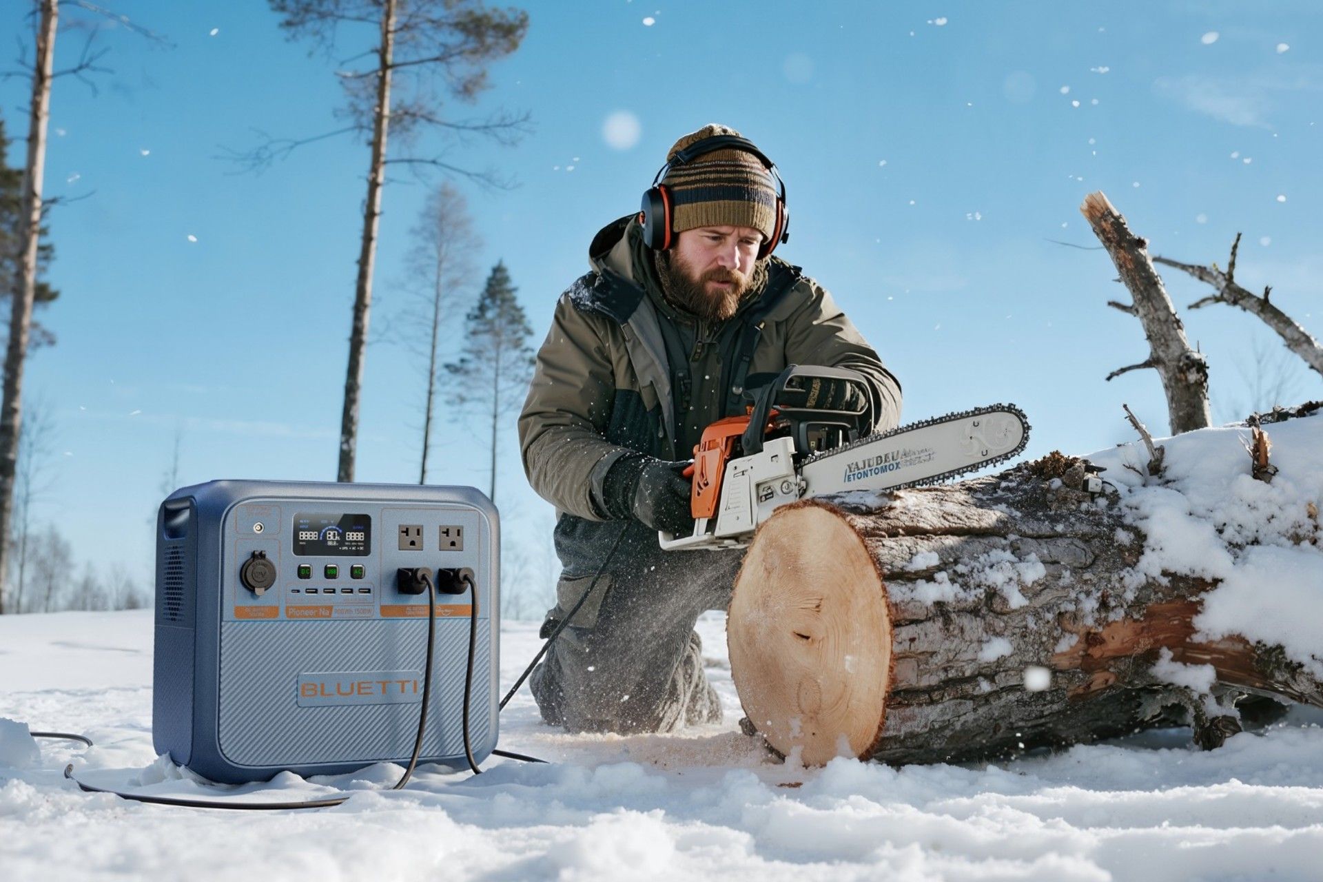 پاور استیشن Pioneer Na روی برف کنار مردی در حال چوب‌بری