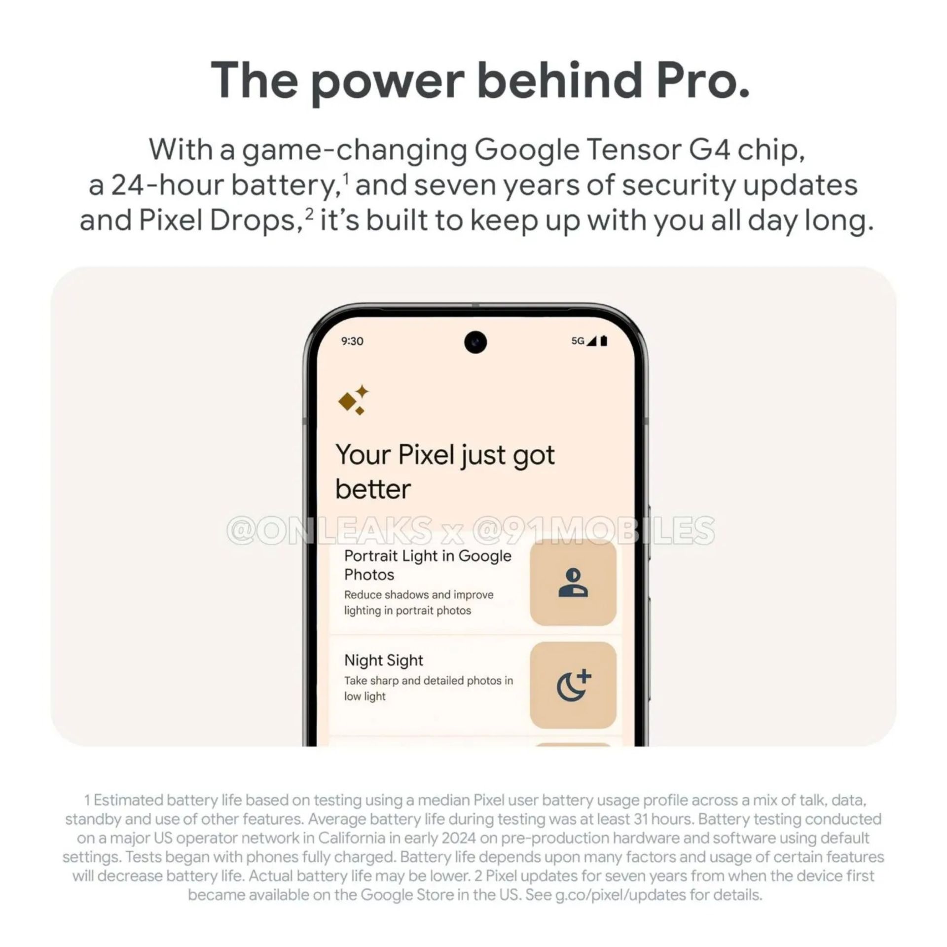 پوستری با محتوای بهبود پردازنده‌ی سری پیکسل ۹ به‌لطف تنسور G4