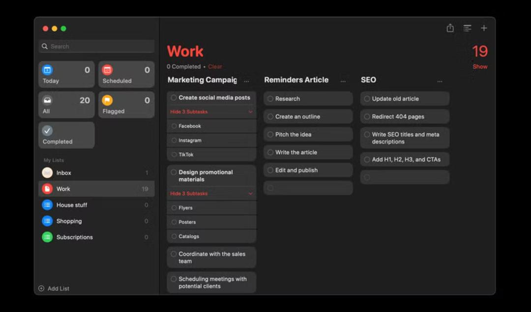 ستون‌بندی لیست وظایف در Reminders 