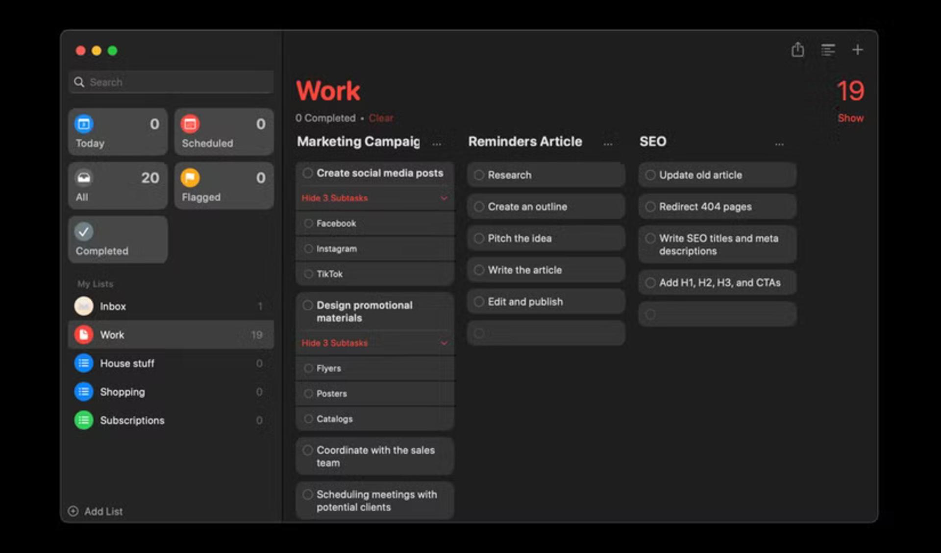 ستون‌بندی لیست وظایف در Reminders 