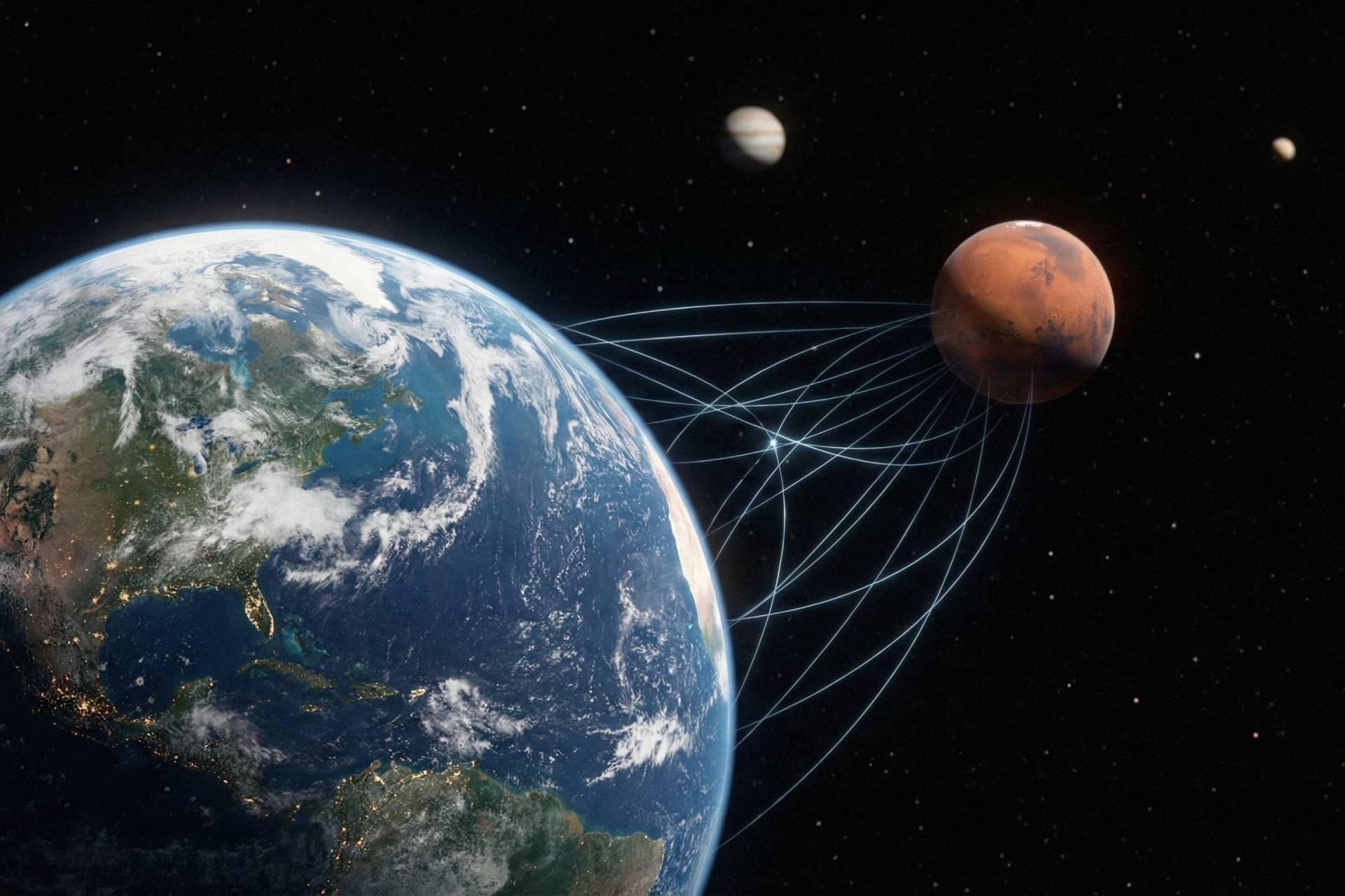 سیاره زمین با خطوط کشش گرانشی ظریف که آن را به مریخ دور متصل می‌کند.