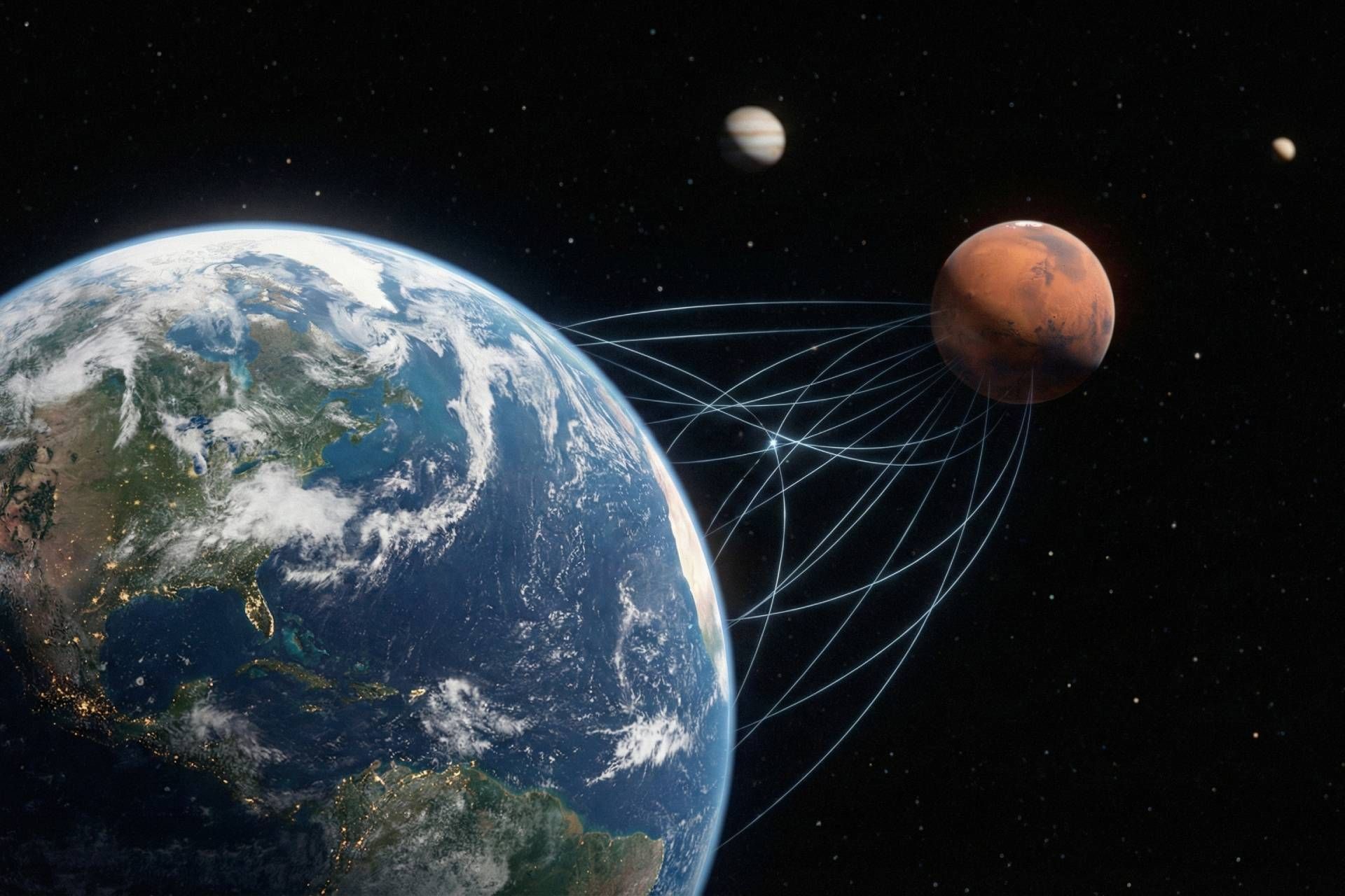 سیاره زمین با خطوط کشش گرانشی ظریف که آن را به مریخ دور متصل می‌کند.