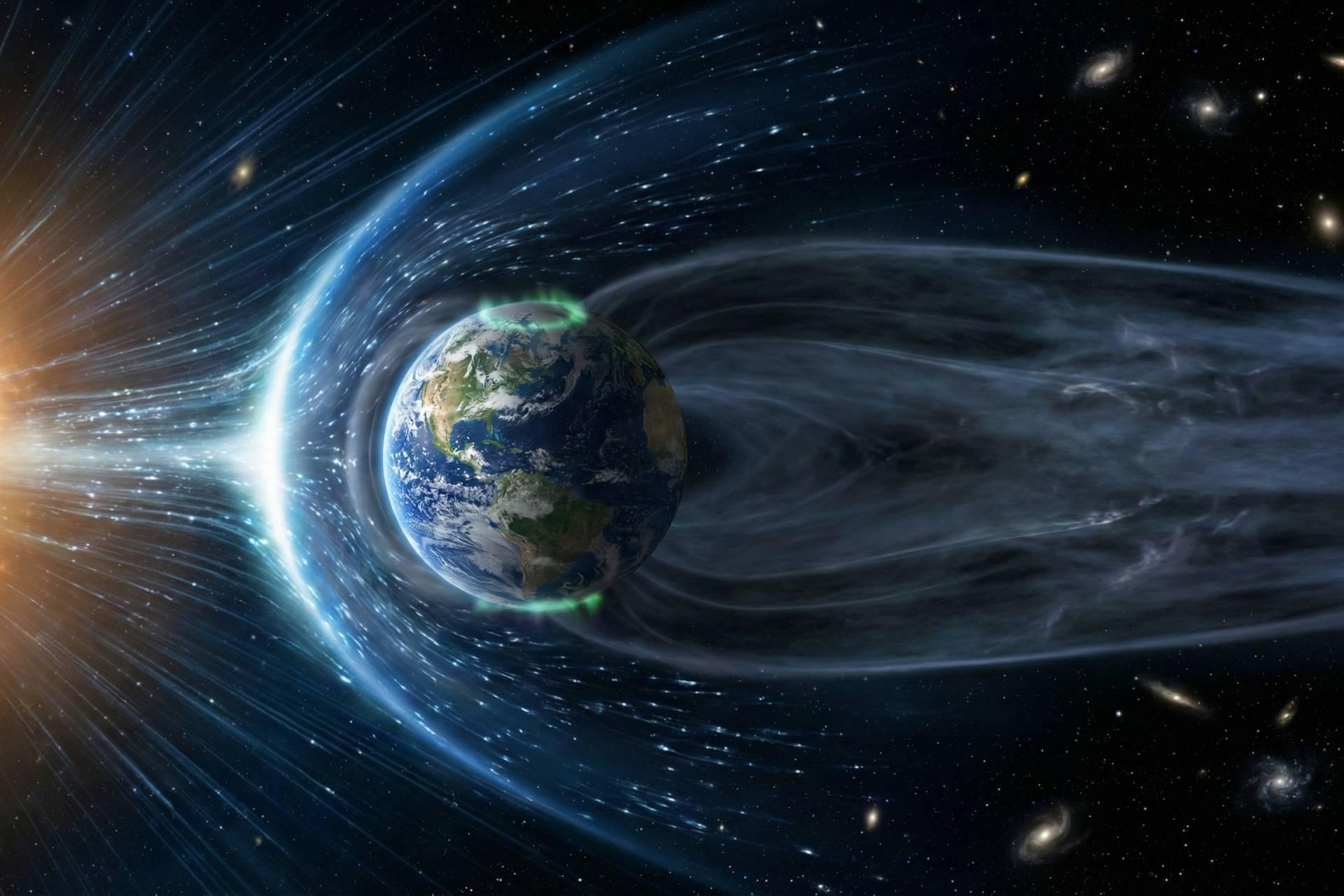 تصویرسازی سیاره زمین با یک دنباله پلاسمایی طولانی، کم‌نور و اشک‌مانند (دنباله مغناطیسی) که در تاریکی فضا و دور از خورشید درخشان و پرجنب‌وجوش امتداد یافته است.