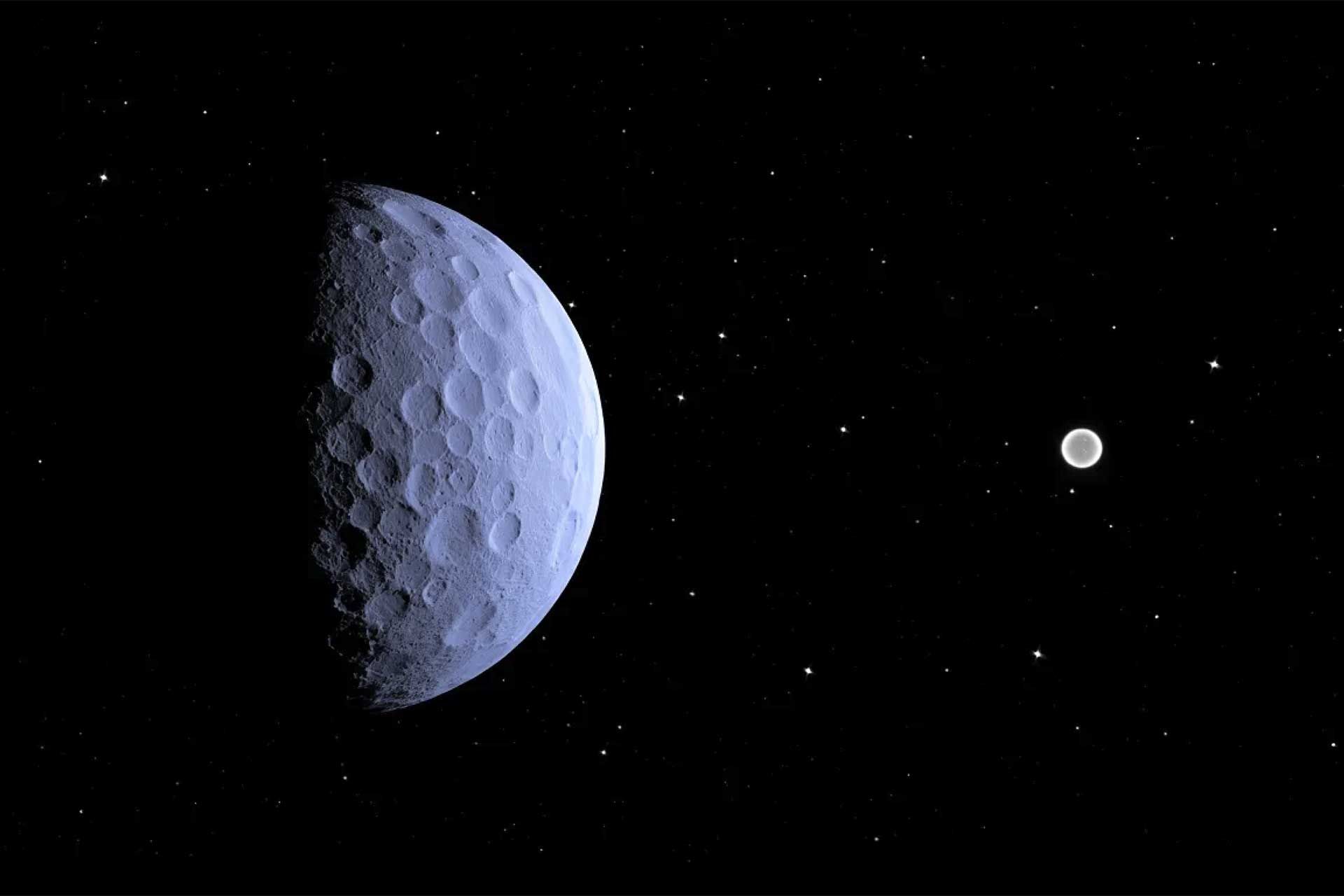 تصویرسازی از سیاره‌ای به رنگ آبی و جسمی کوچیک‌تر در پس‌زمینه