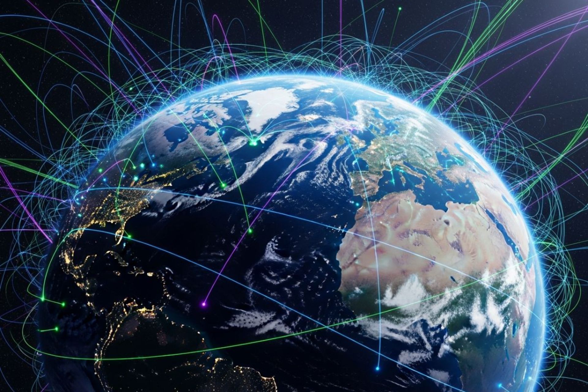کره زمین که توسط شبکه‌ای در هم تنیده و درخشان از اتصالات داده‌های دیجیتال احاطه شده است.