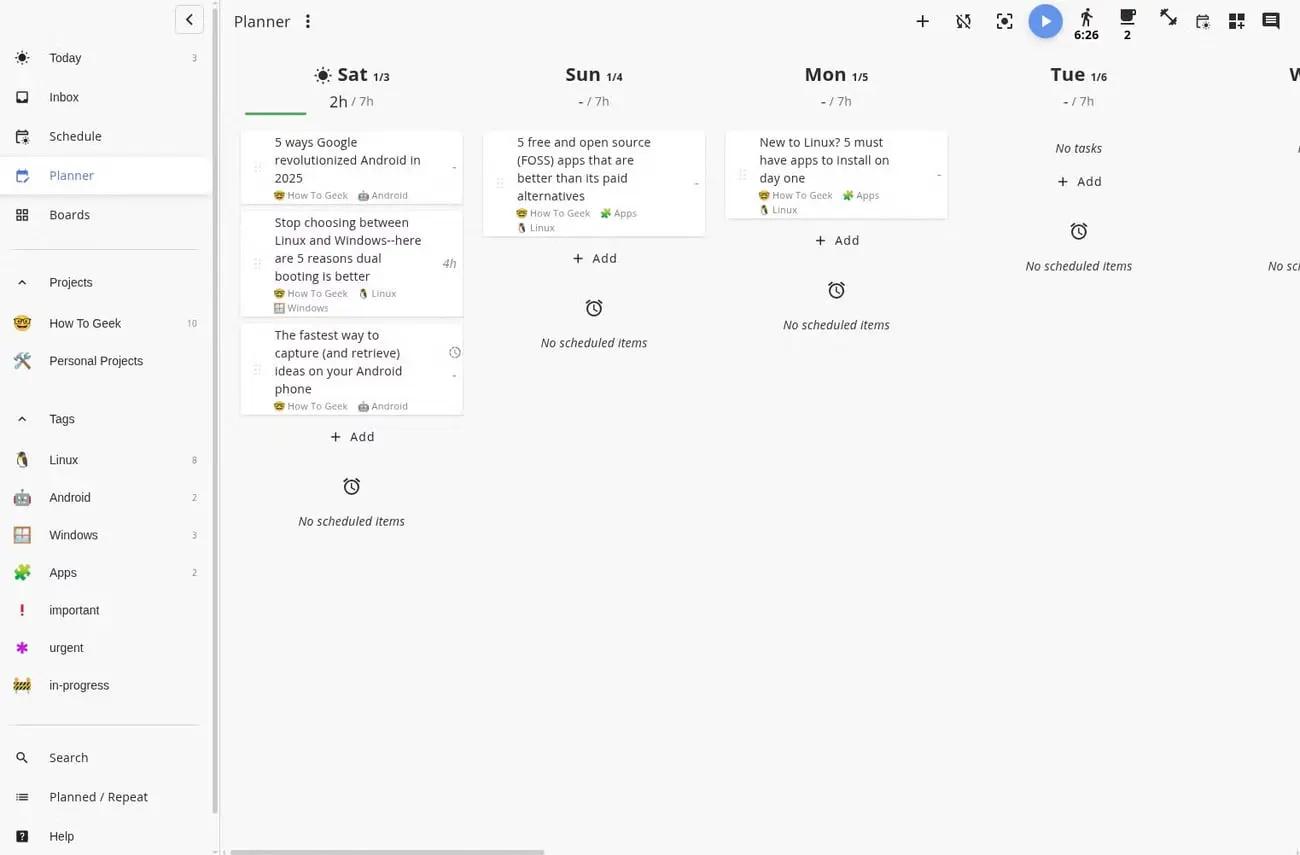 رابط کاربری برنامه Super Productivity با نمای تقویم و فهرست وظایف روزانه