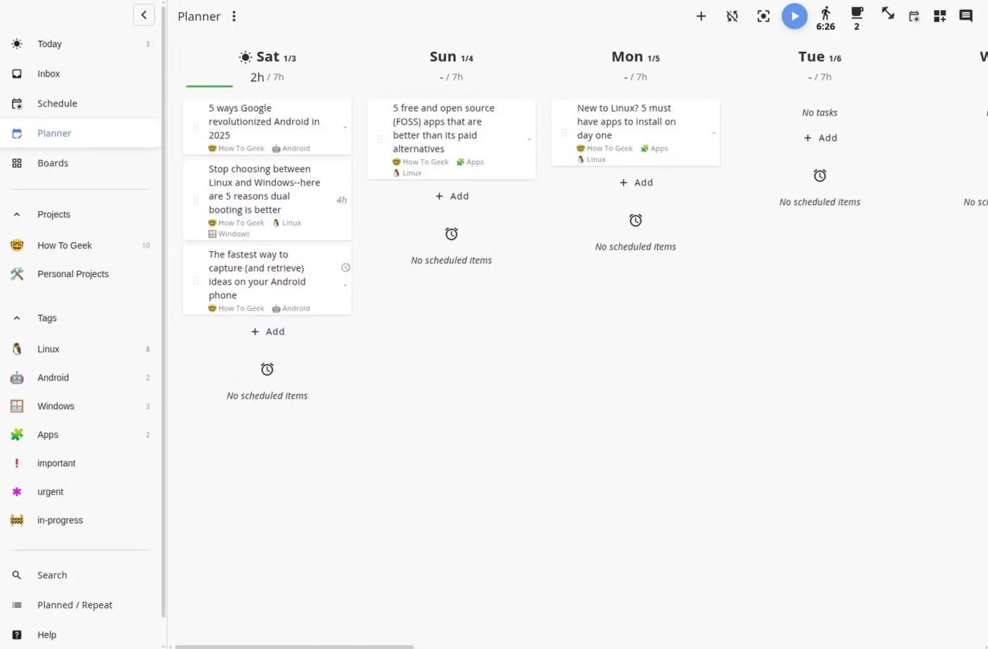رابط کاربری برنامه Super Productivity با نمای تقویم و فهرست وظایف روزانه