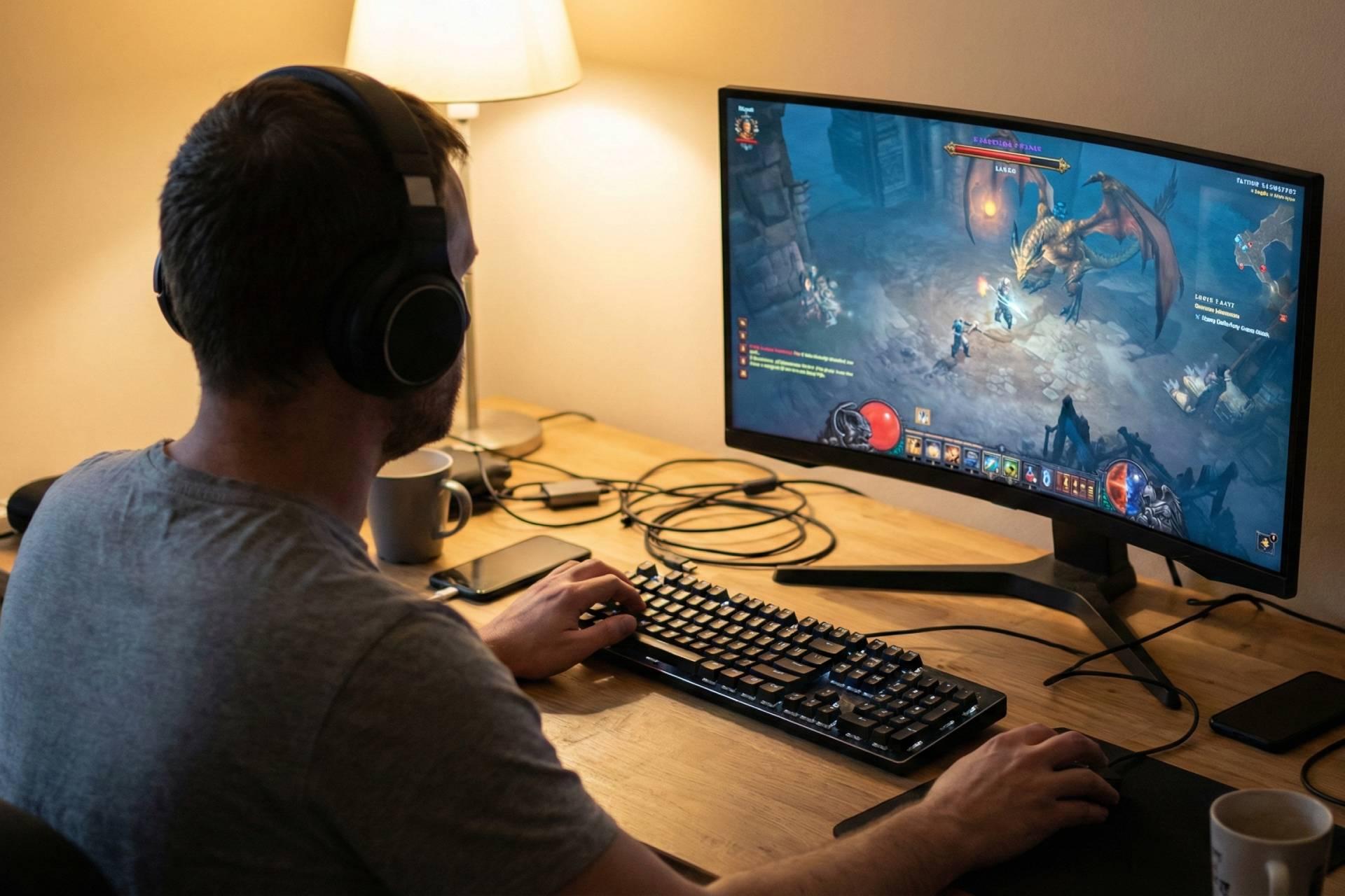 نمای فوق واقع‌گرایانه از پشت سر فردی که رو به مانیتور مشغول بازی ویدیویی است.