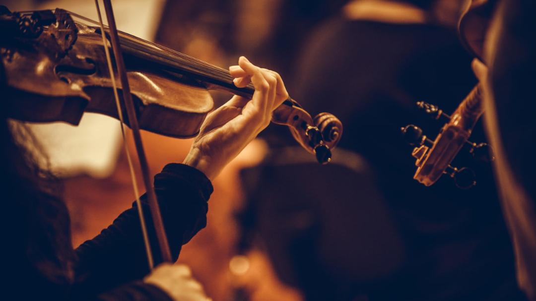 دست نوازنده در حال فشردن سیم‌های ویولن (Violin) برای اجرای موسیقی