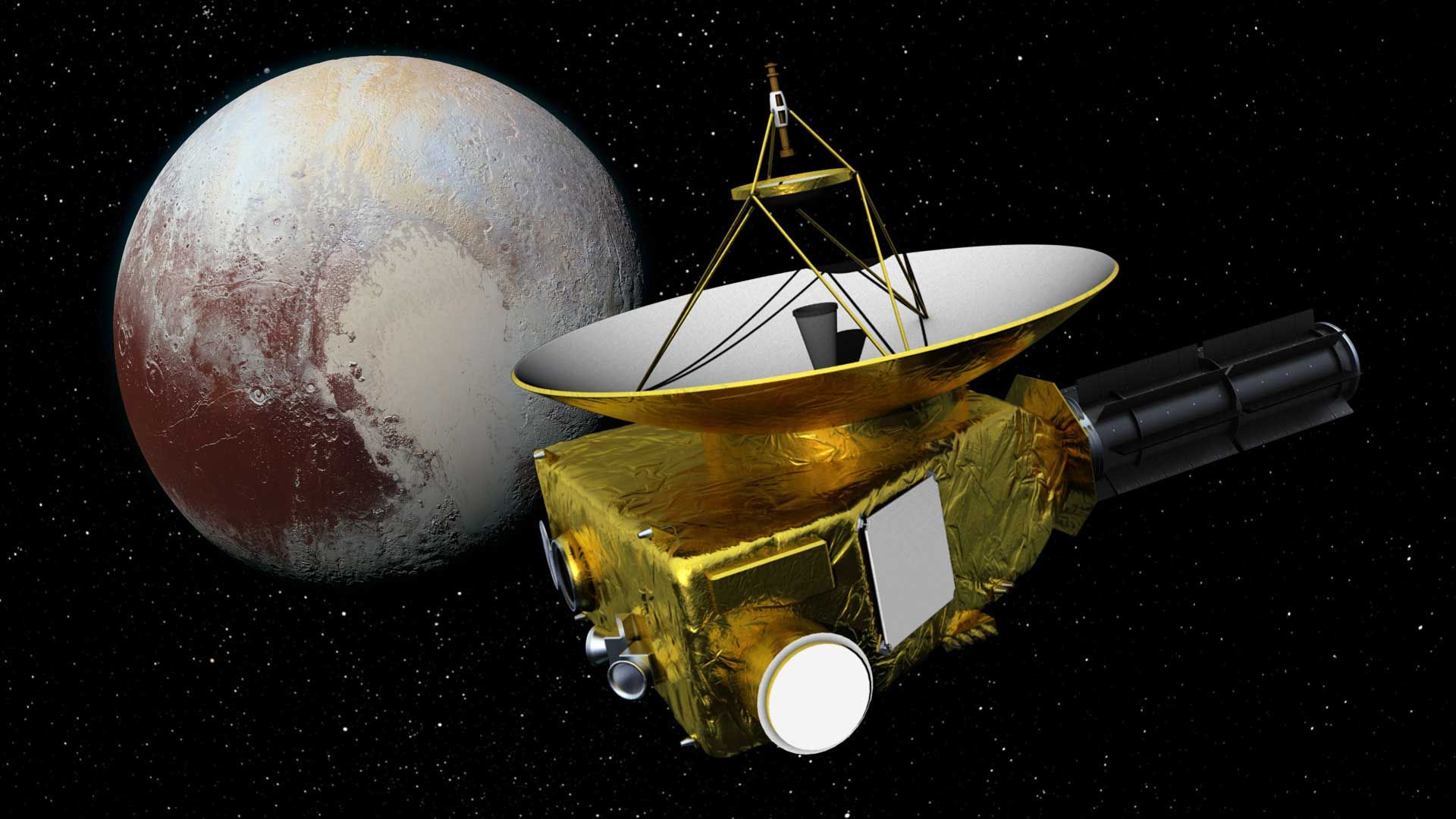 An artist's rendering of the New Horizons spacecraft over Pluto