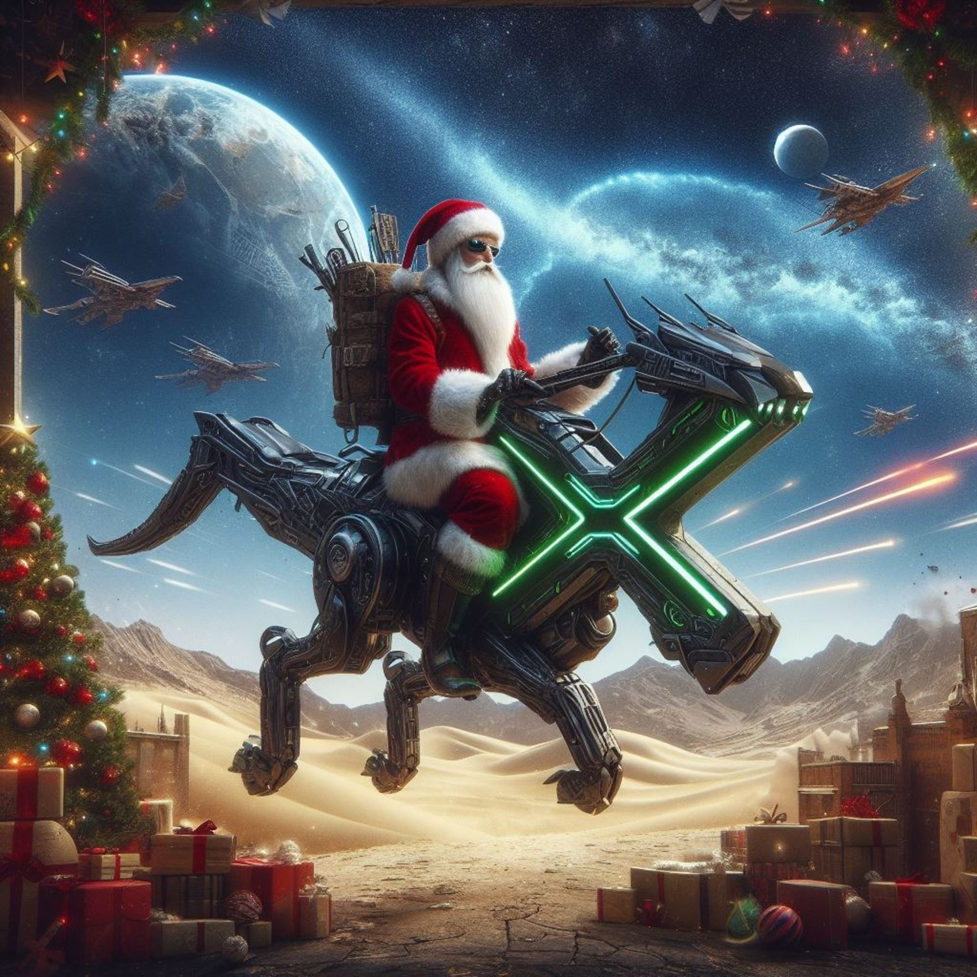 شخصی با لباس کریسمس سوار بر رباتی شبیه به حرف X درکنار هدایا