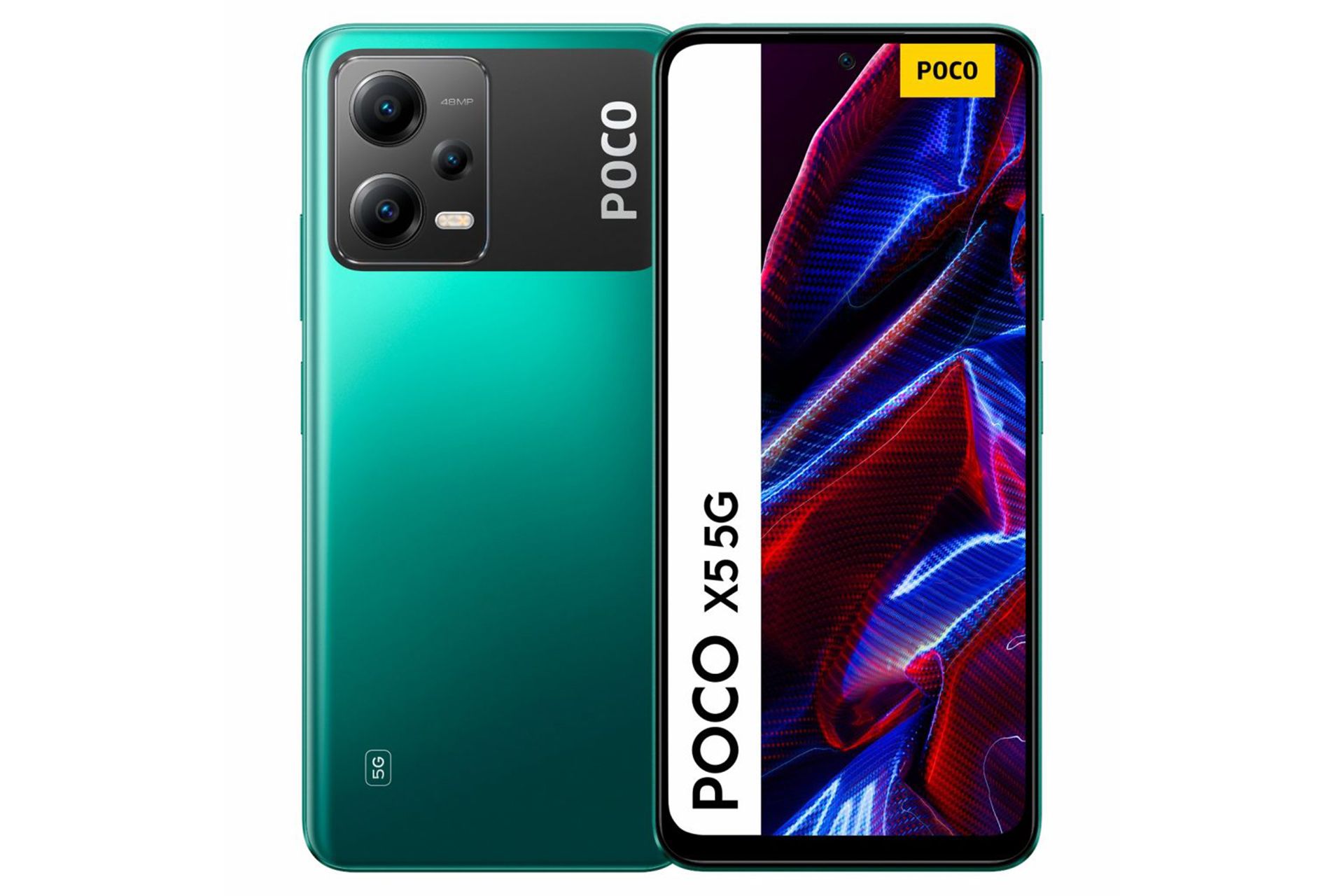 رندر پنل پشتی و نمایشگر گوشی هوشمند Poco X5 به رنگ سبز
