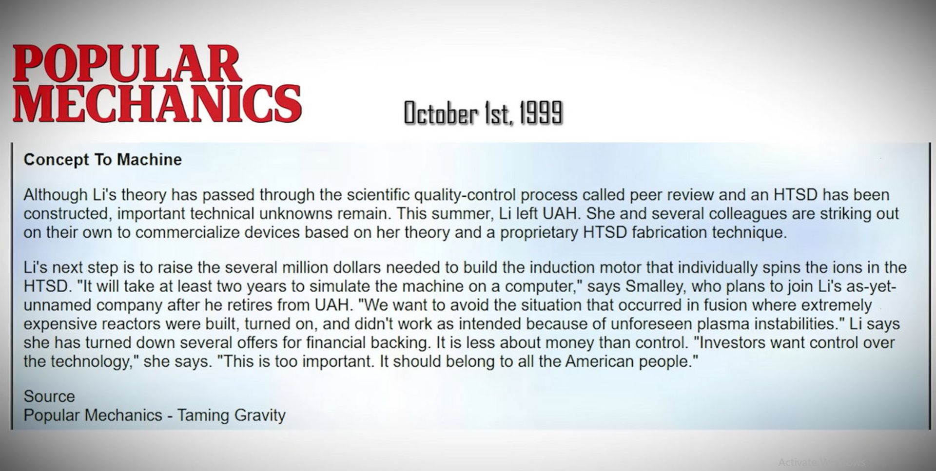 مقاله Popular Mechanics در مورد شرکت نینگ لی و کانسپت ضد جاذبه