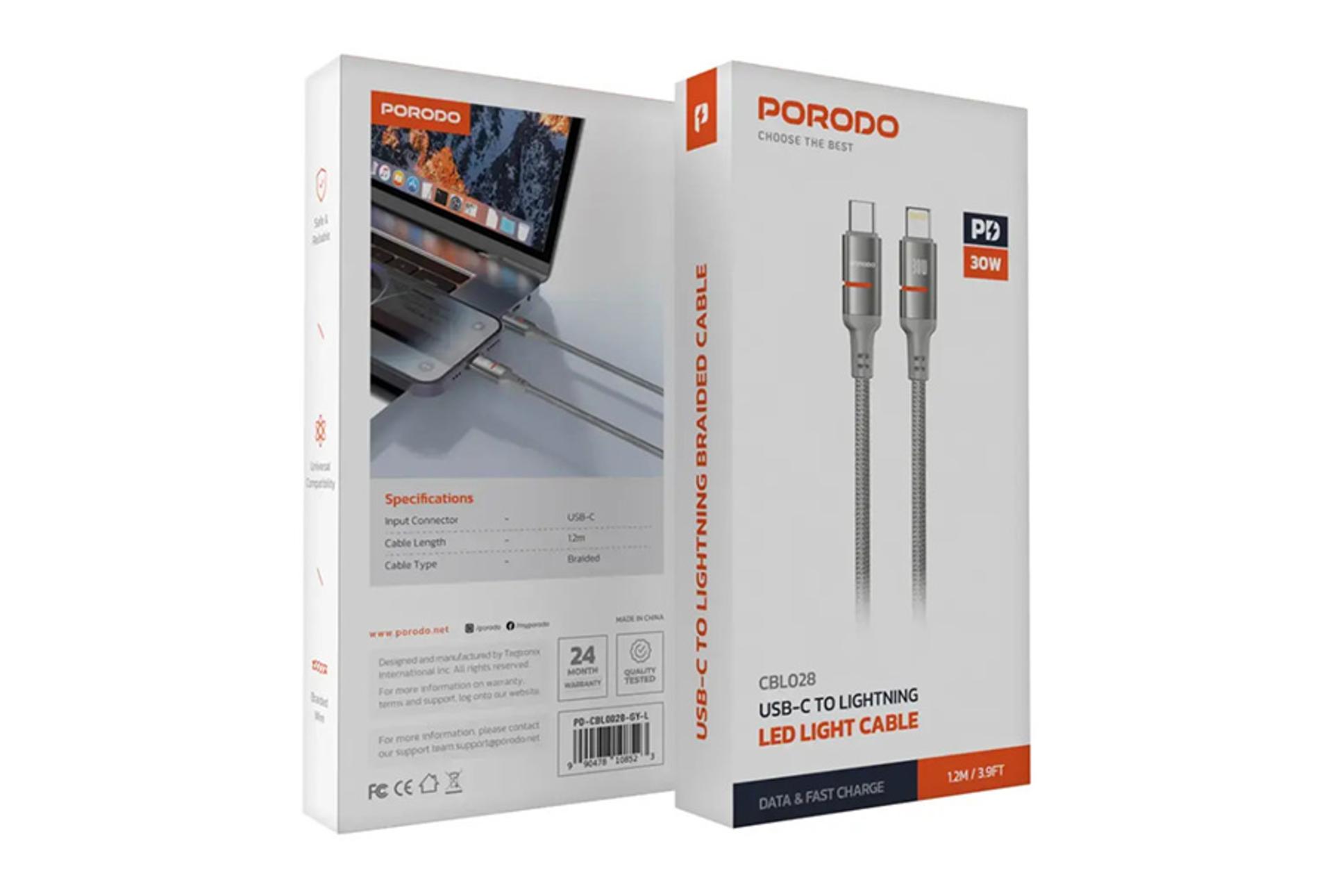 کابل شارژ پرودو Porodo LED Light PD-CBL0028 Type-C to Lightning 1.2m رنگ خاکستری نمای بسته بندی