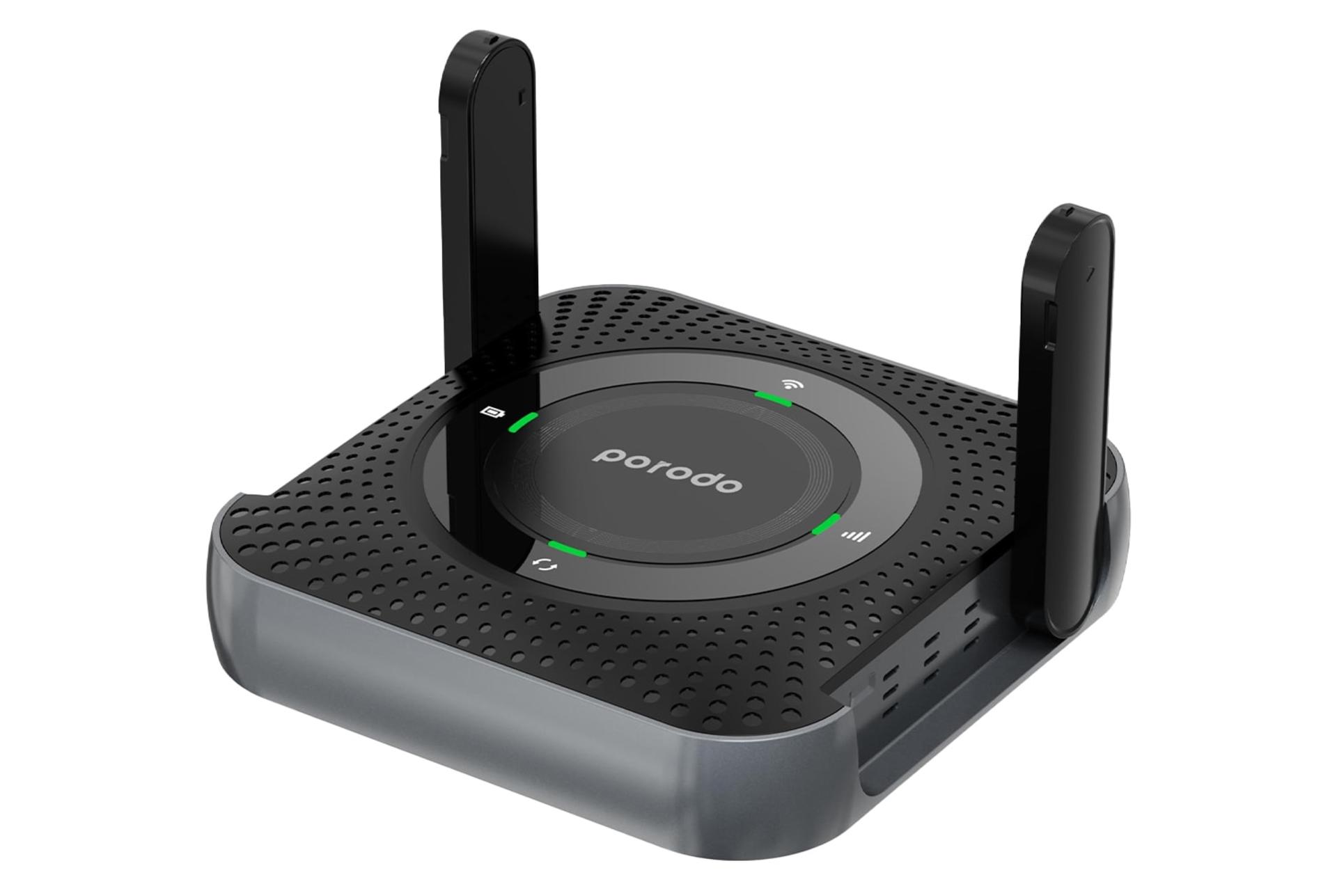 نمای نیمرخ مودم و روتر سیم‌ کارتی پرودو PD-4GCPMF-BKGY با نمایش لبه‌های کناری، پنل بالا، آنتن‌ها و لوگو